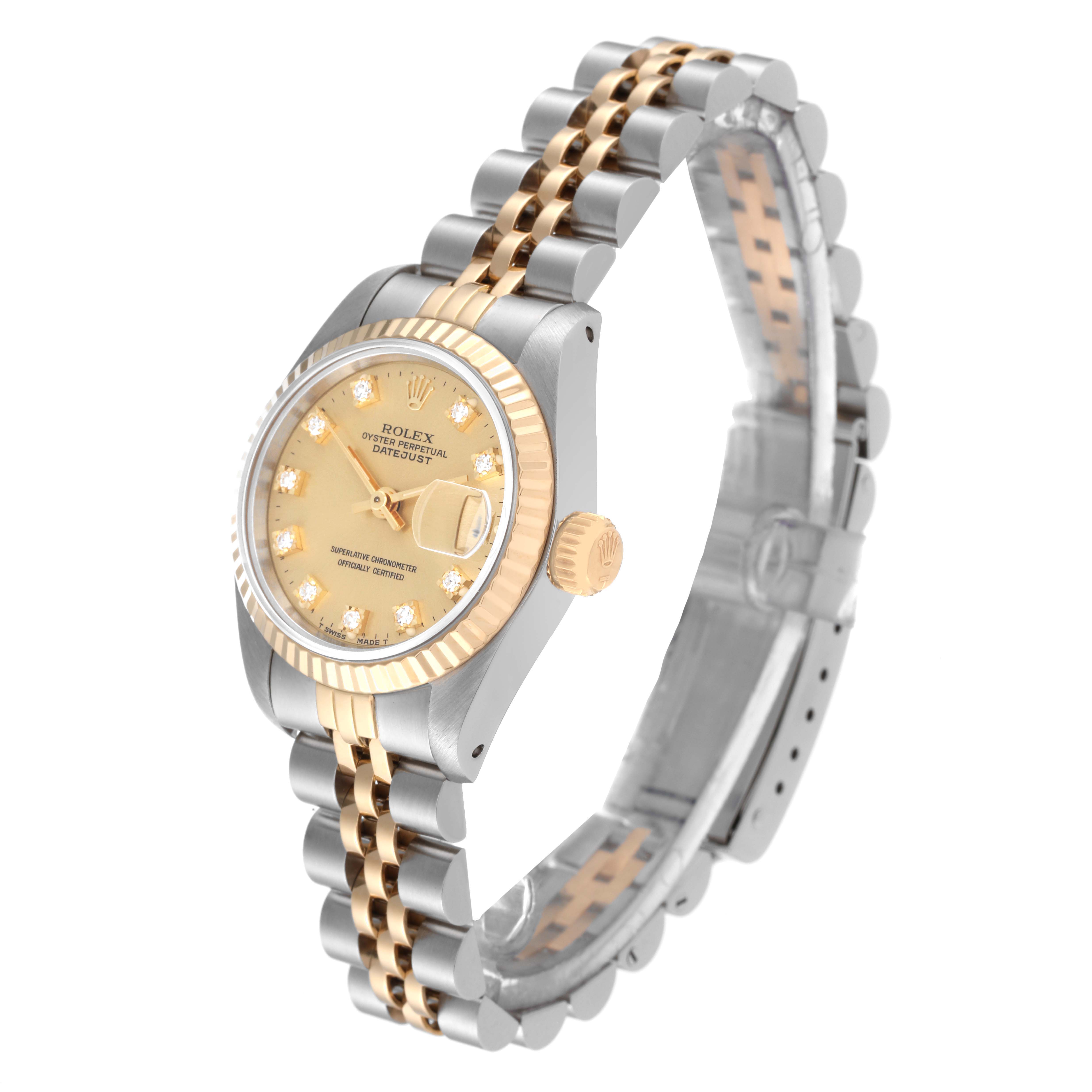 The Rolex Datejust 69173 Women's Steel and Gold (two tone) Champagne Dial 69173 Women's Steel and Gold (two tone) Champagne Dial watch is shown at an angled, front view highlighting its face, crown, and bracelet.