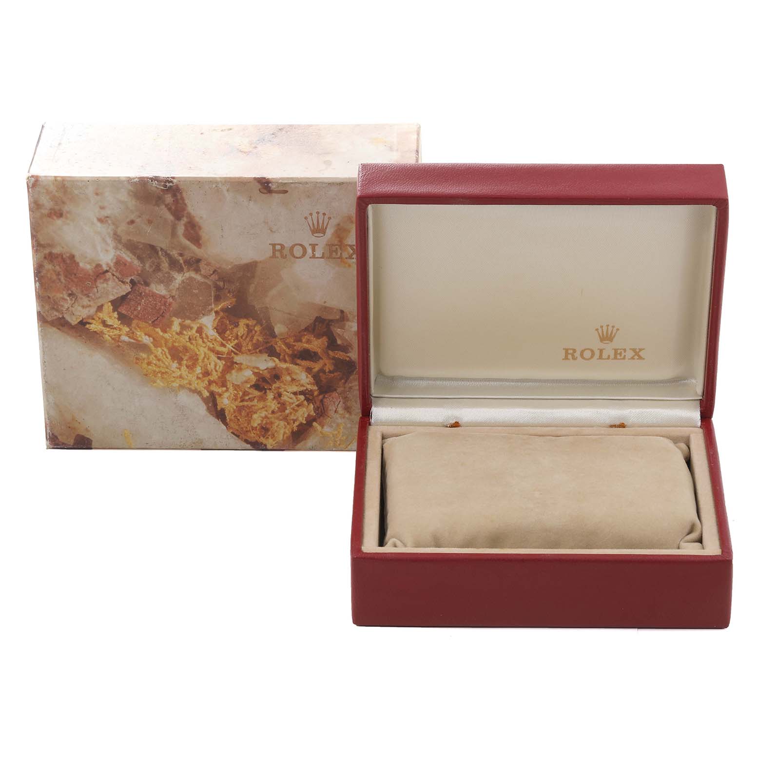 The image shows an open and empty Rolex Datejust 69173 Women's Steel and Gold (two tone) Champagne Dial 69173 Women's Steel and Gold (two tone) Champagne Dial watch box with a cushion and the outer packaging.