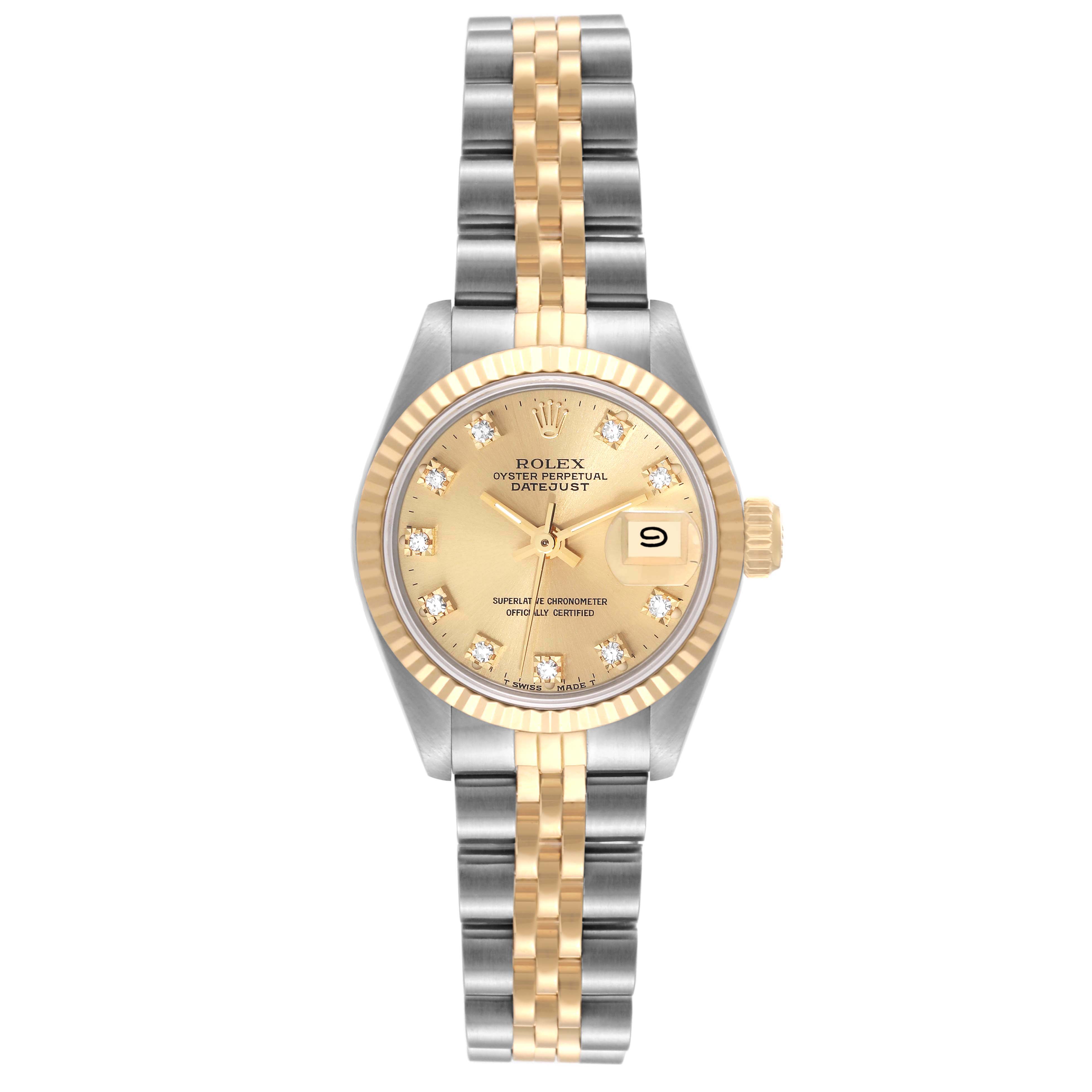 This is a front view of the Rolex Datejust 69173 Women's Steel and Gold (two tone) Champagne Dial 69173 Women's Steel and Gold (two tone) Champagne Dial watch, showing the bezel, dial, bracelet, and crown.