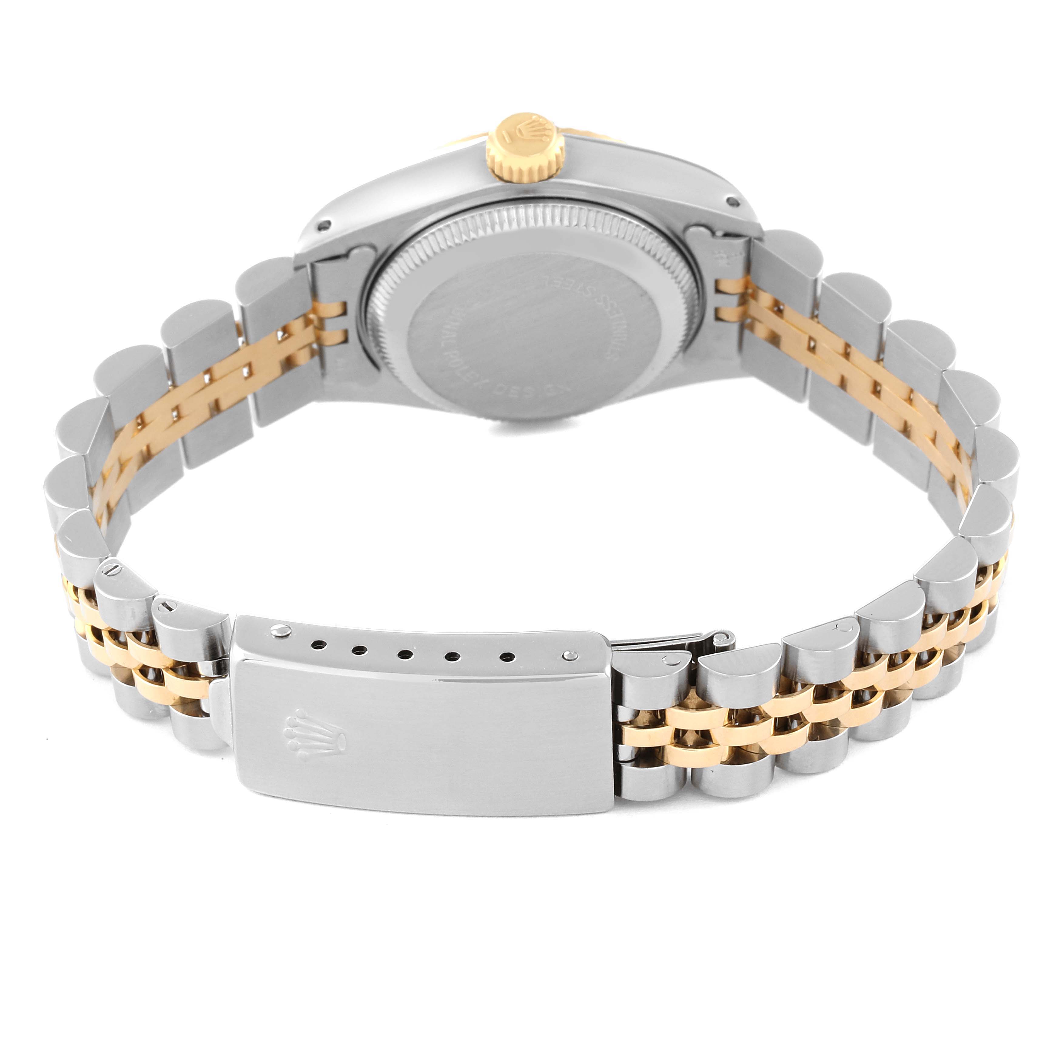 The image shows the back view of a Rolex Datejust 69173 Women's Steel and Gold (two tone) Champagne Dial 69173 Women's Steel and Gold (two tone) Champagne Dial watch, focusing on the case back, crown, and Jubilee bracelet with a clasp.