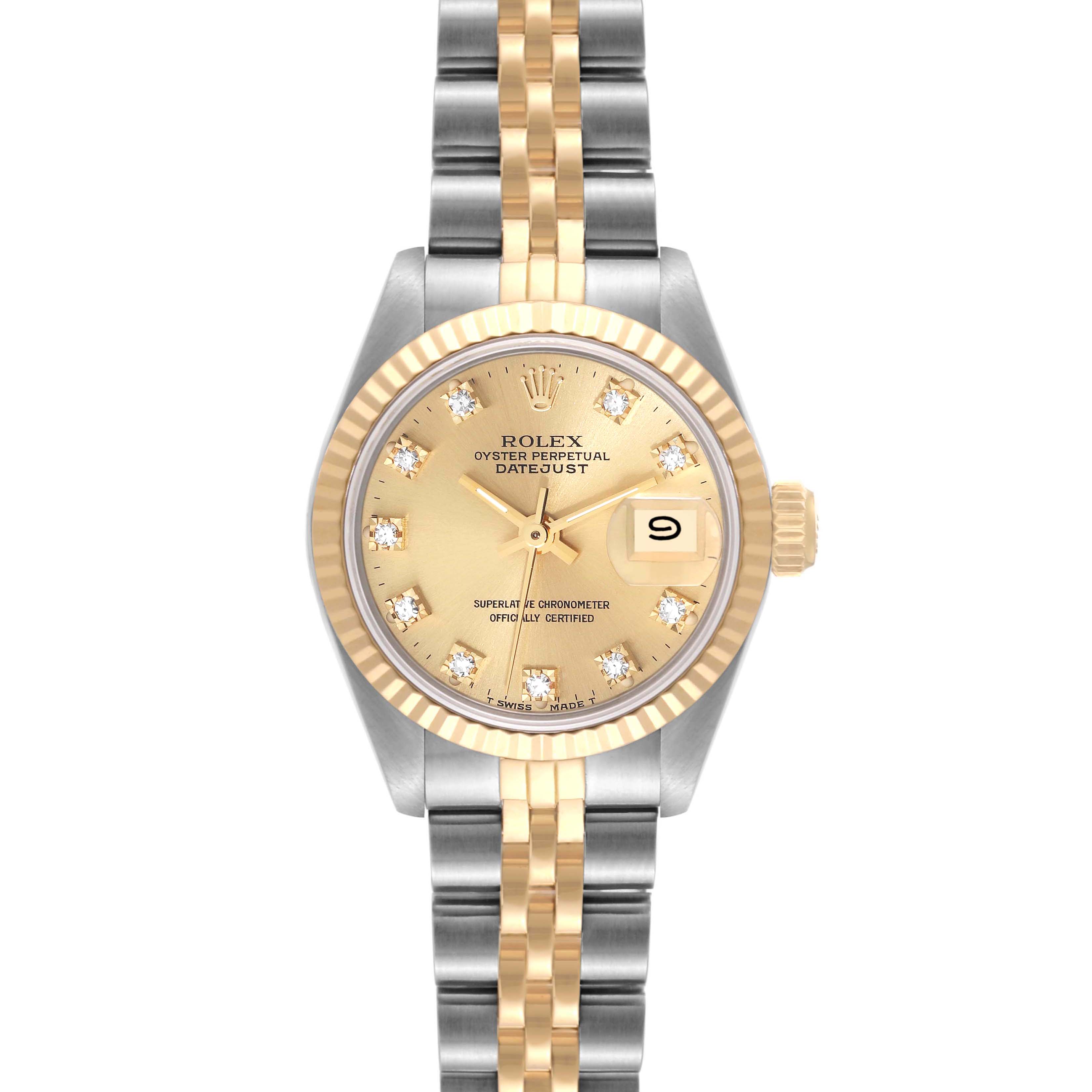 This Rolex Datejust 69173 Women's Steel and Gold (two tone) Champagne Dial 69173 Women's Steel and Gold (two tone) Champagne Dial is shown from a top-down angle, displaying the dial, bezel, and bracelet.