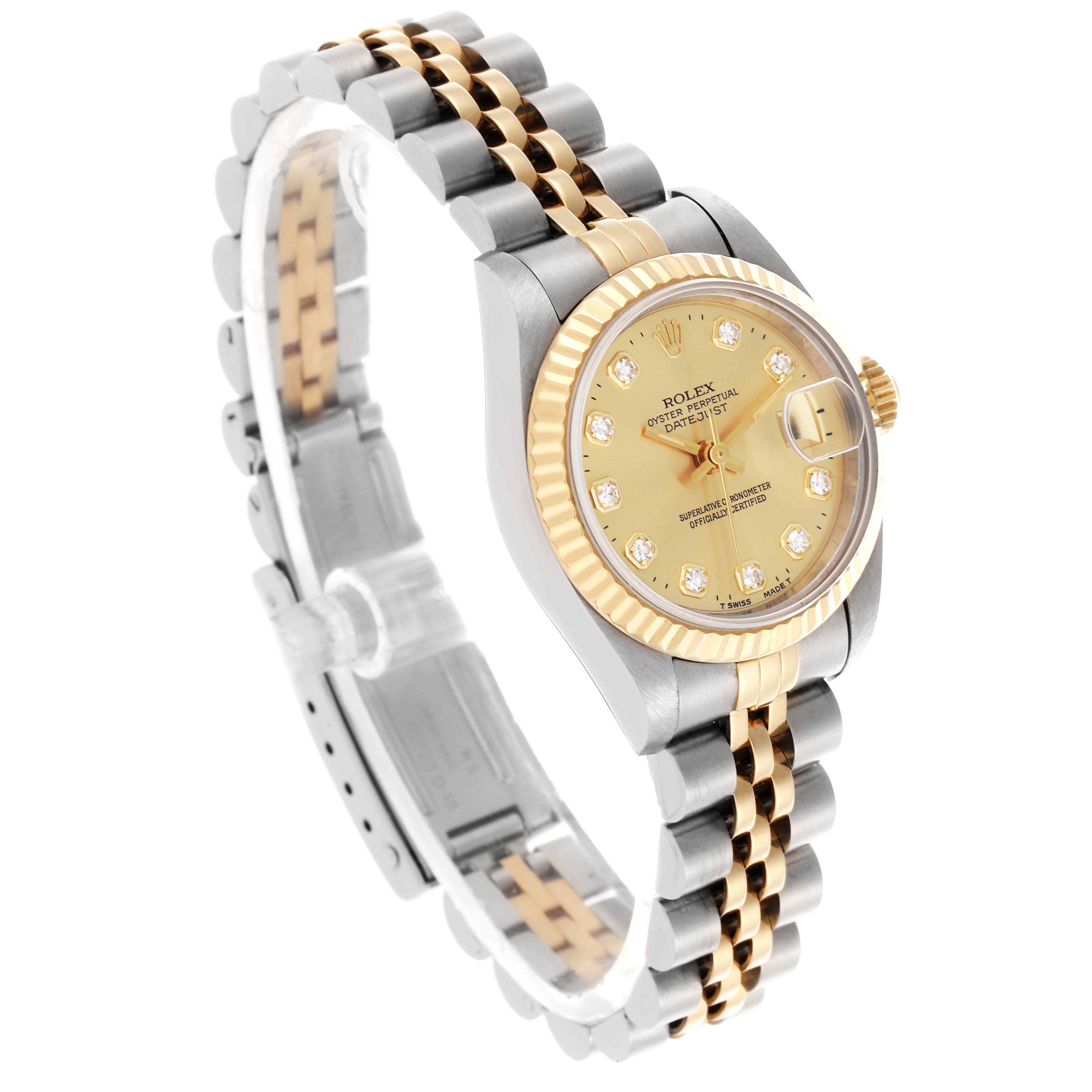 The Rolex Datejust 69173 Women
s Steel and Gold (two tone) Champagne Dial is shown at a three-quarter angle, displaying the face, bezel, and two-tone bracelet.