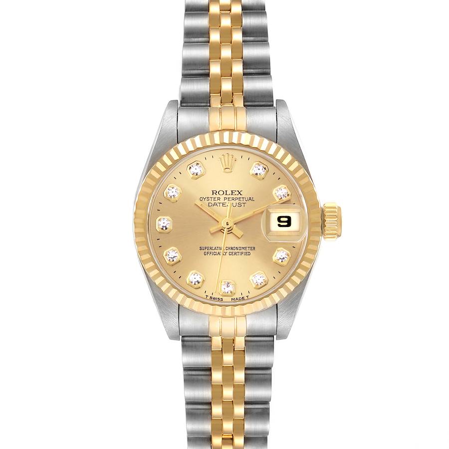 The Rolex Datejust 69173 Women's Steel and Gold (two tone) Champagne Dial watch is shown from a top view, highlighting the face, bezel, and two-tone bracelet.