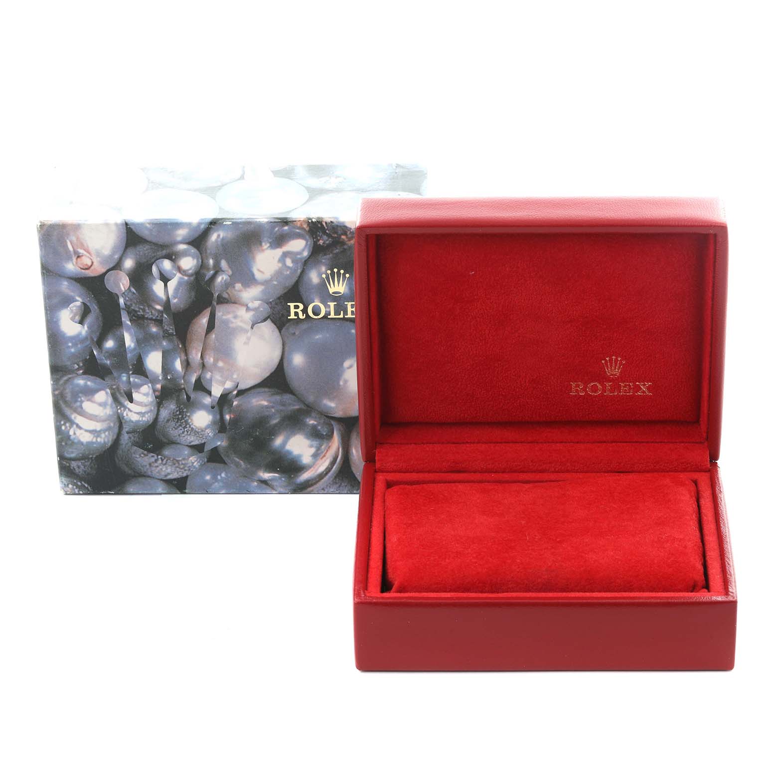 The image shows a Rolex Datejust 69173 Women
s Steel and Gold (two tone) Champagne Dial watch box with a red interior and patterned exterior, viewed from the front.