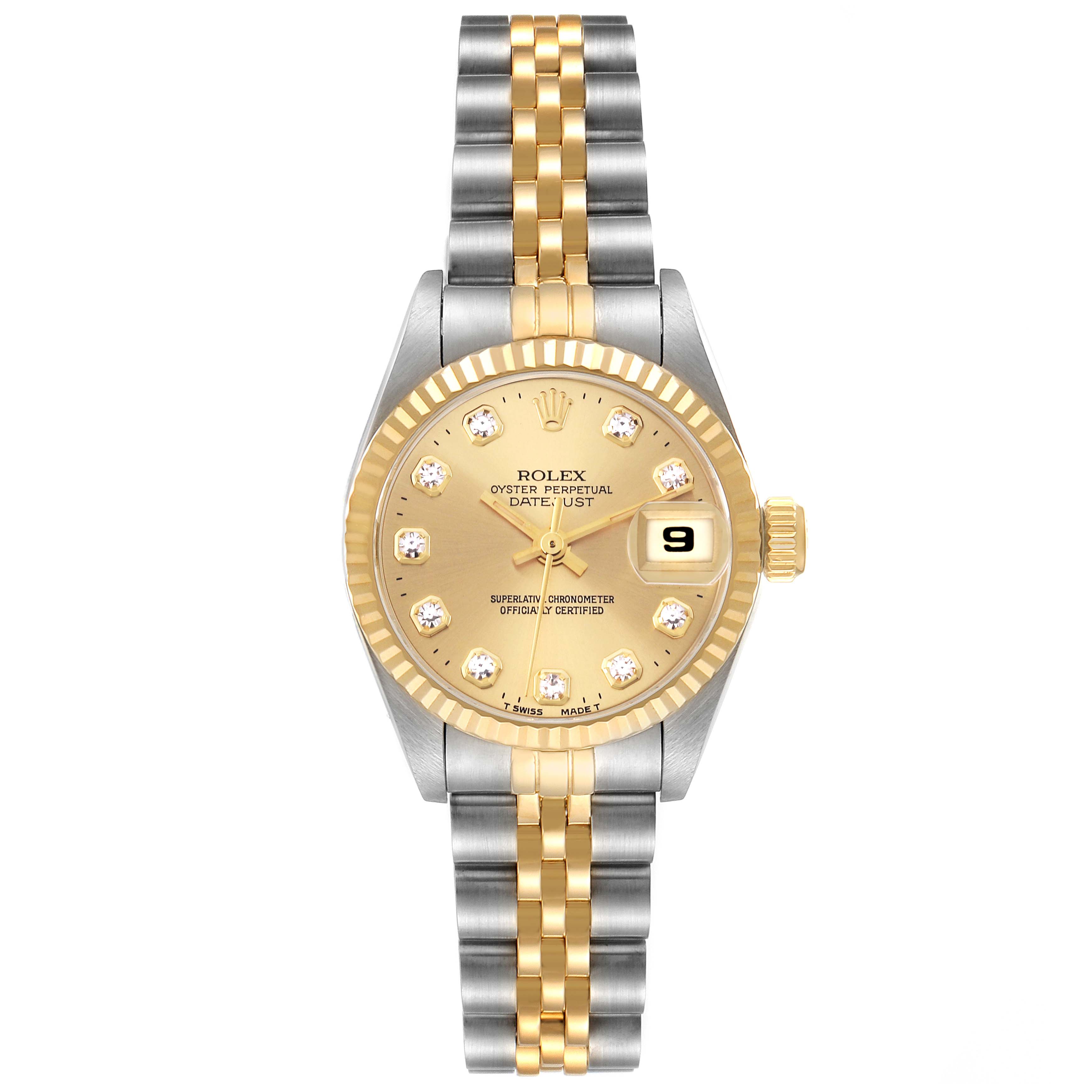 The Rolex Datejust 69173 Women
s Steel and Gold (two tone) Champagne Dial watch is shown from the front, highlighting the gold and silver bracelet, gold dial, and date feature.