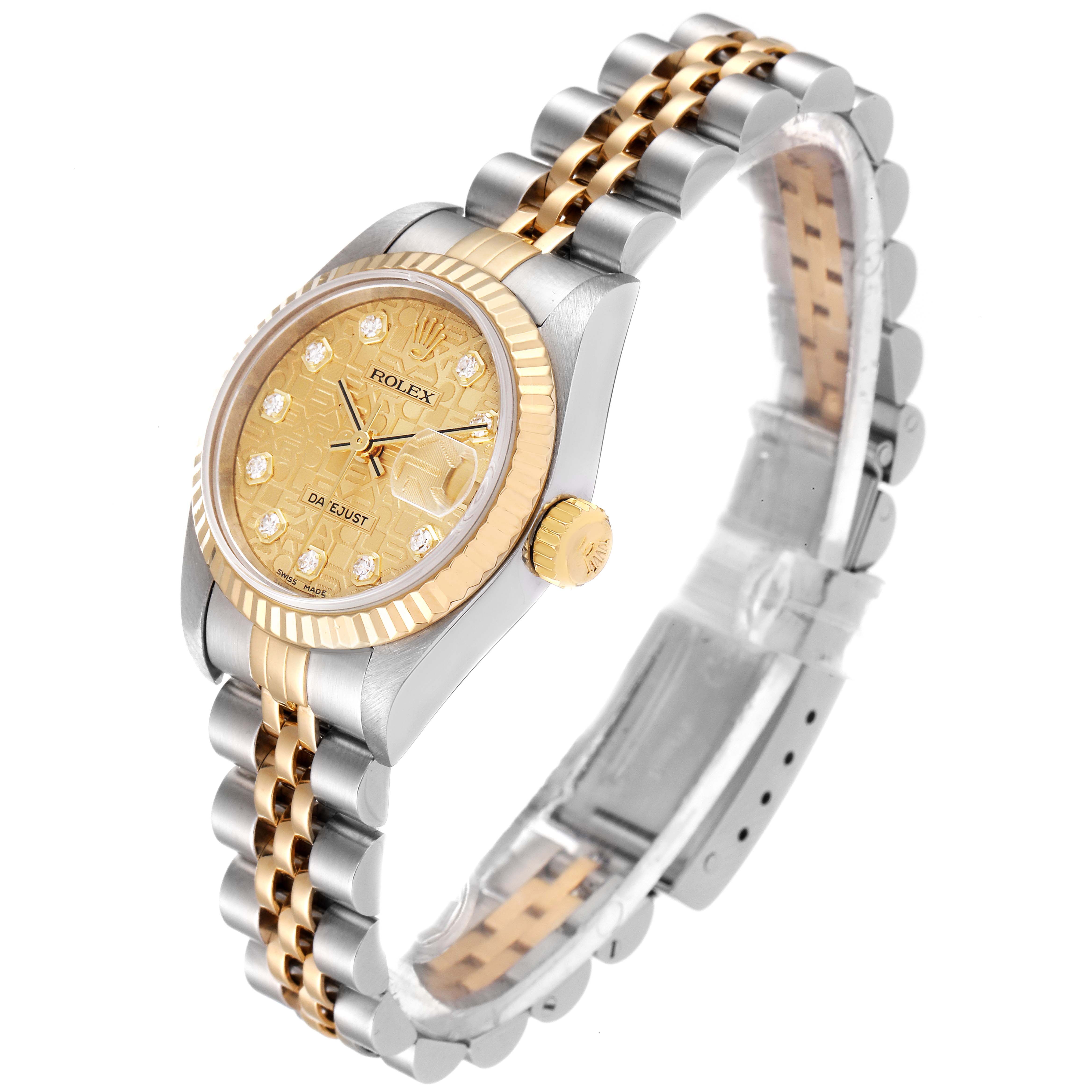 This image shows a Rolex Datejust 79173 Women's Steel and Gold (two tone) Champagne Dial 79173 Women's Steel and Gold (two tone) Champagne Dial watch from an angled perspective, highlighting its dial, case, crown, and jubilee bracelet.
