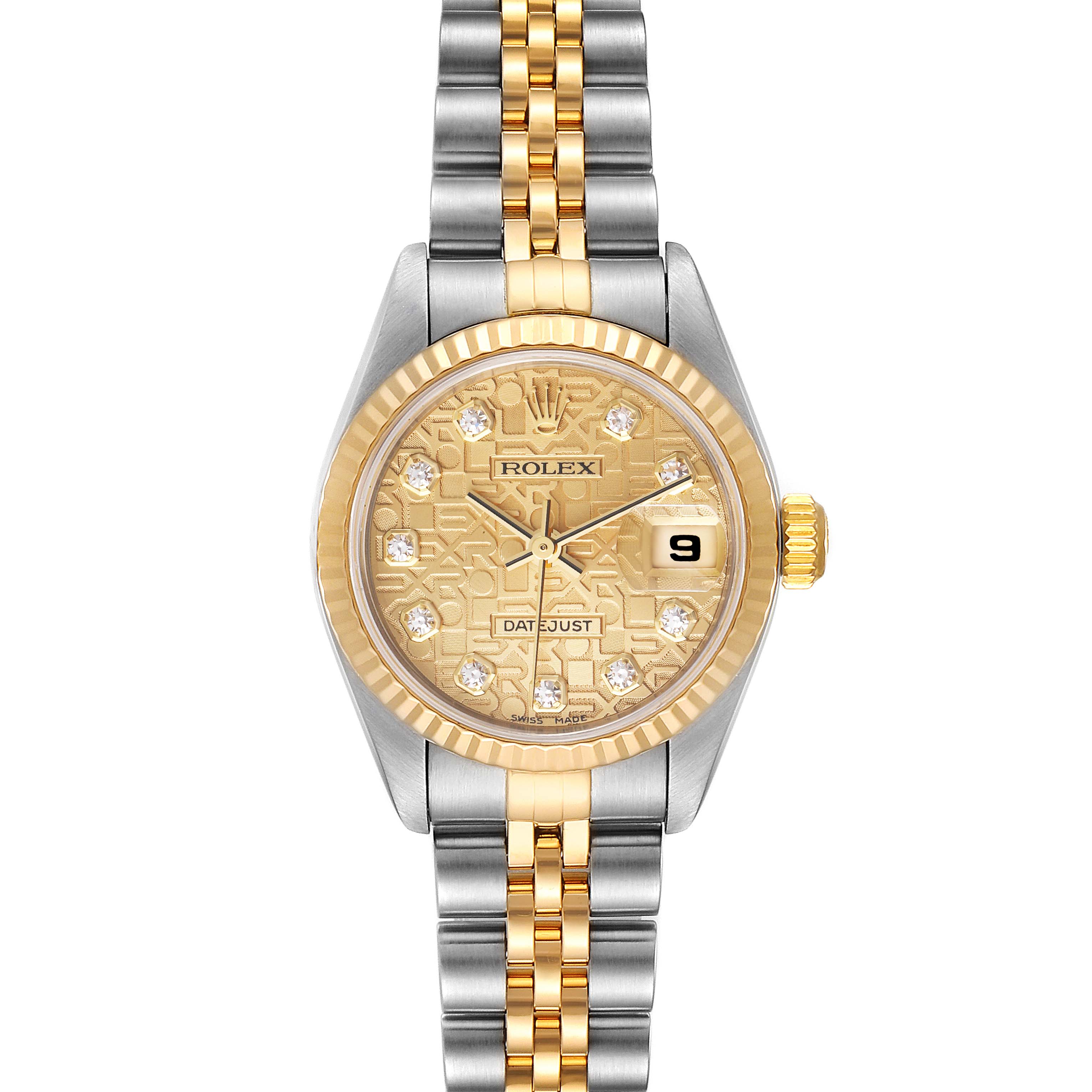 The Rolex Datejust 79173 Women's Steel and Gold (two tone) Champagne Dial 79173 Women's Steel and Gold (two tone) Champagne Dial watch is shown from a top view, displaying its bracelet, dial, hands, date window, and bezel.