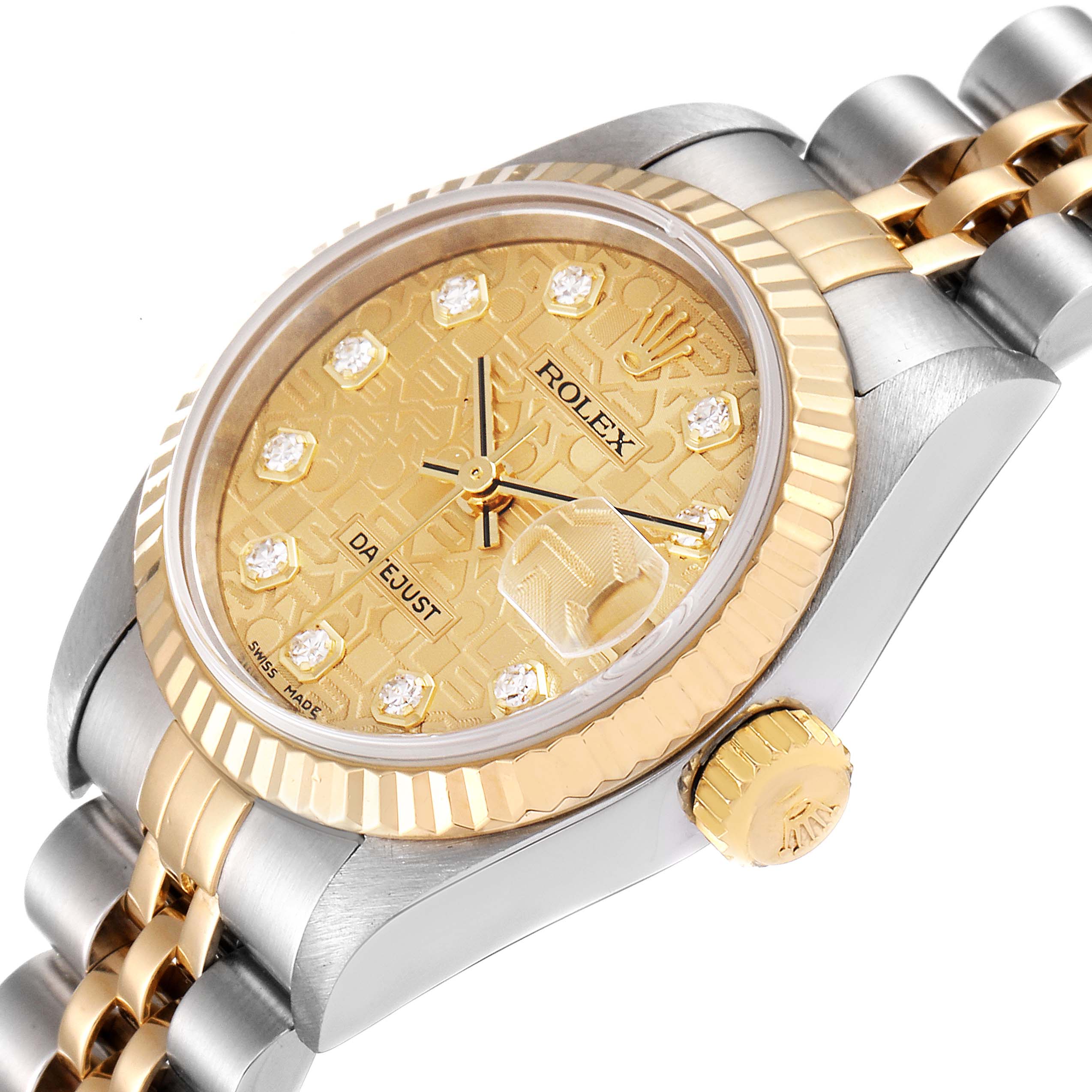 The Rolex Datejust 79173 Women's Steel and Gold (two tone) Champagne Dial 79173 Women's Steel and Gold (two tone) Champagne Dial watch is shown at an angled view highlighting the gold dial, fluted bezel, and two-tone bracelet.