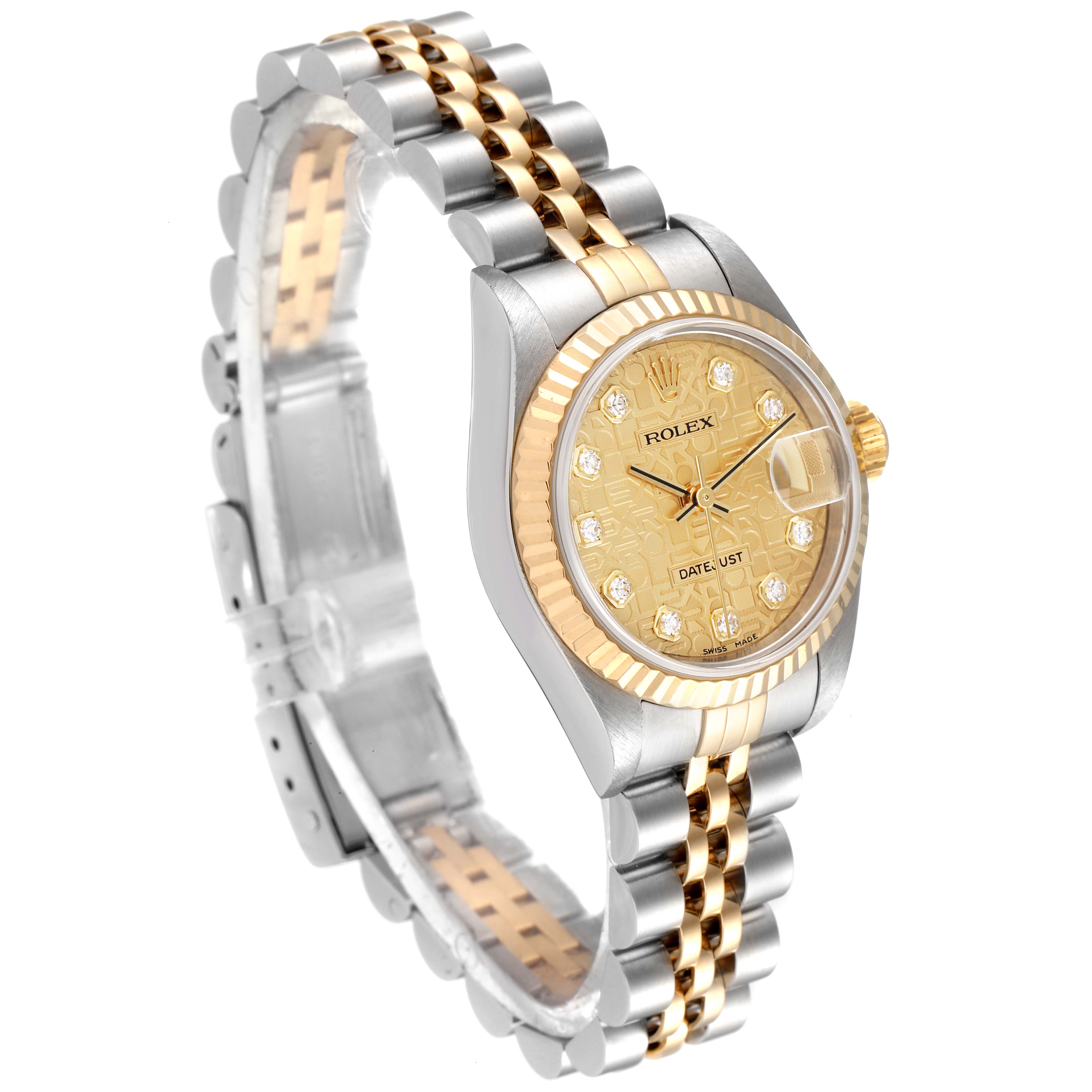 The image shows a side angle of a Rolex Datejust 79173 Women's Steel and Gold (two tone) Champagne Dial 79173 Women's Steel and Gold (two tone) Champagne Dial model, highlighting the dial, bezel, crown, and two-tone bracelet.