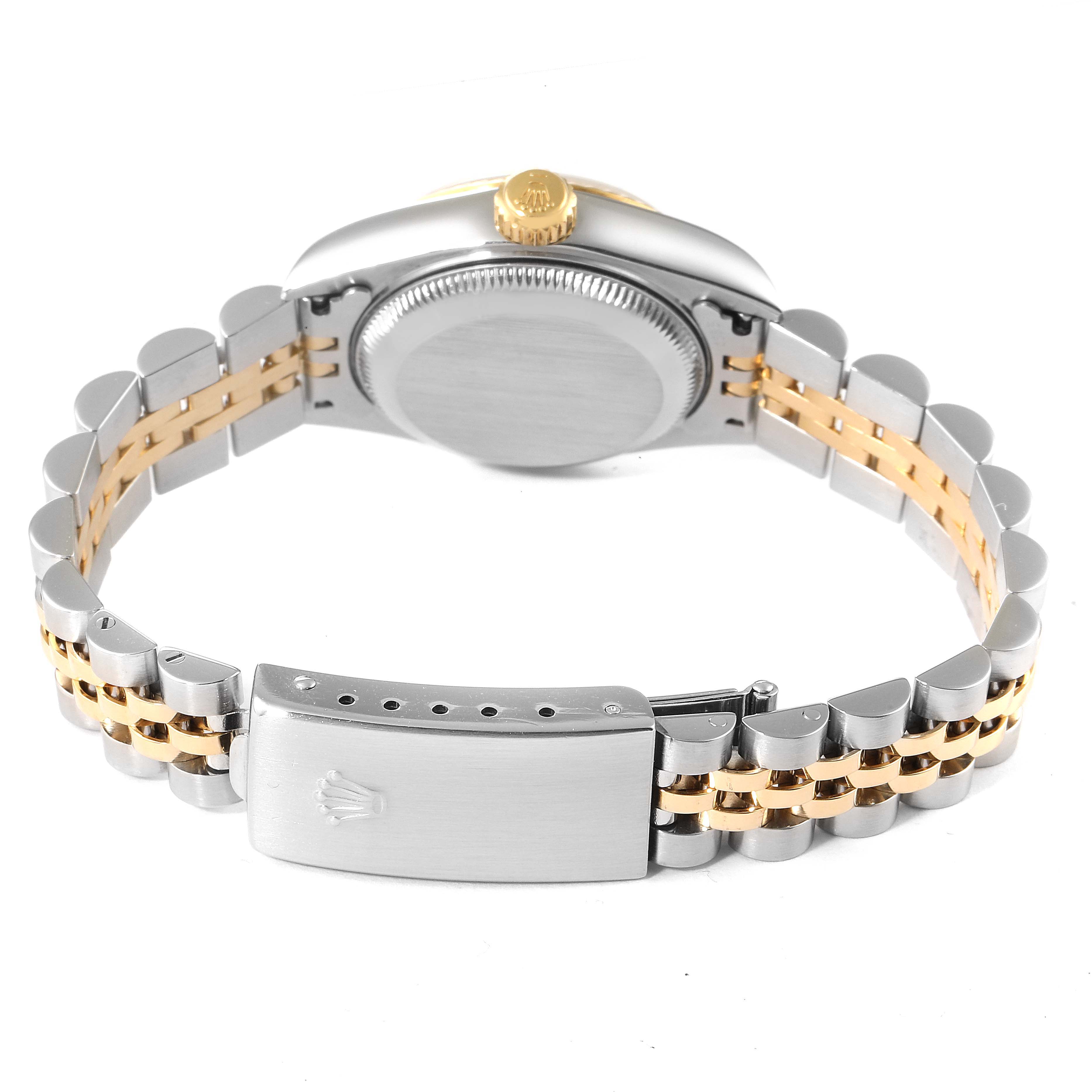 This image shows the back view of a Rolex Datejust 79173 Women's Steel and Gold (two tone) Champagne Dial 79173 Women's Steel and Gold (two tone) Champagne Dial watch, highlighting the clasp, band, and case back.