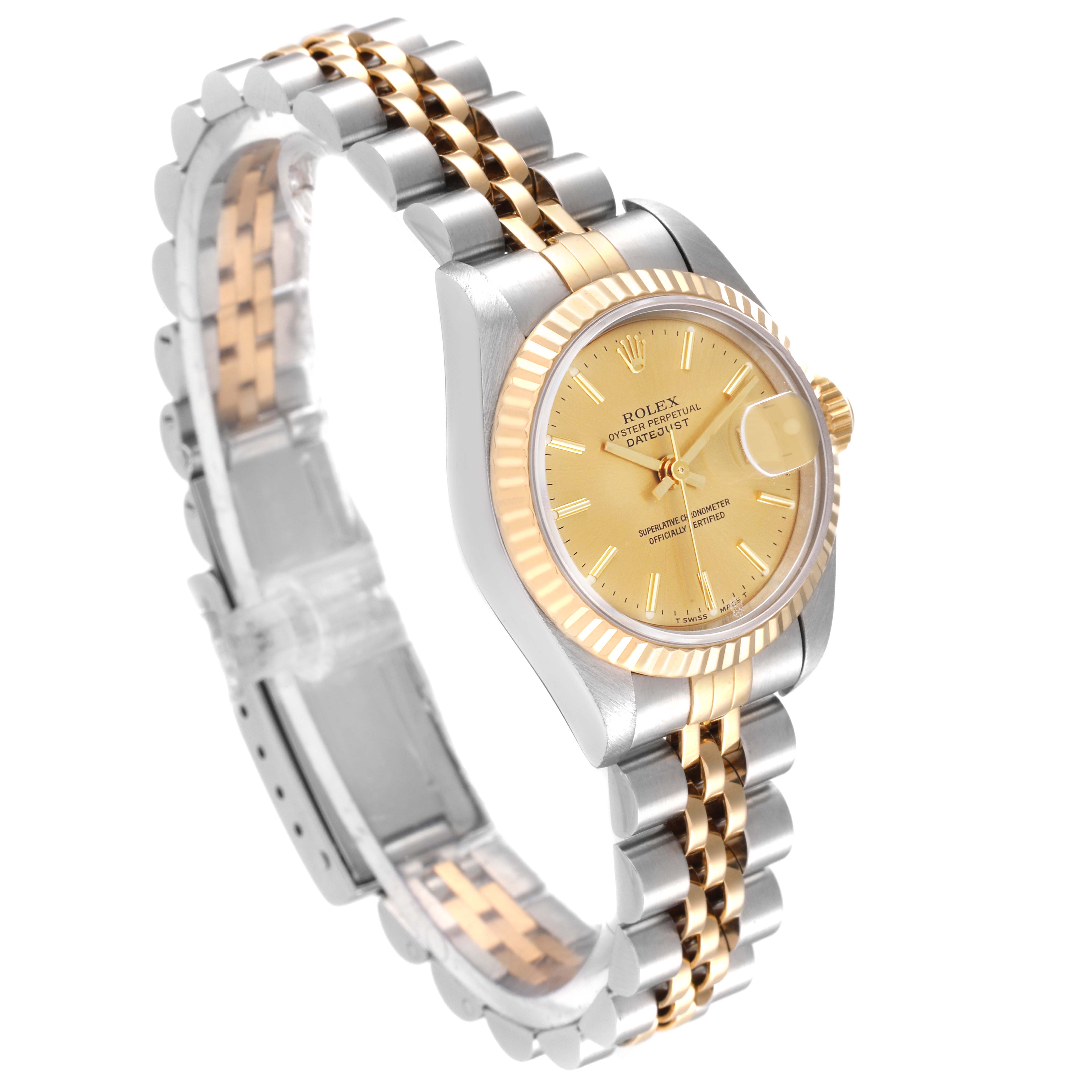 The Rolex Datejust 69173 Women's Steel and Gold (two tone) Champagne Dial 69173 Women's Steel and Gold (two tone) Champagne Dial watch is shown at a slight angle, displaying the dial, bezel, bracelet, and crown.