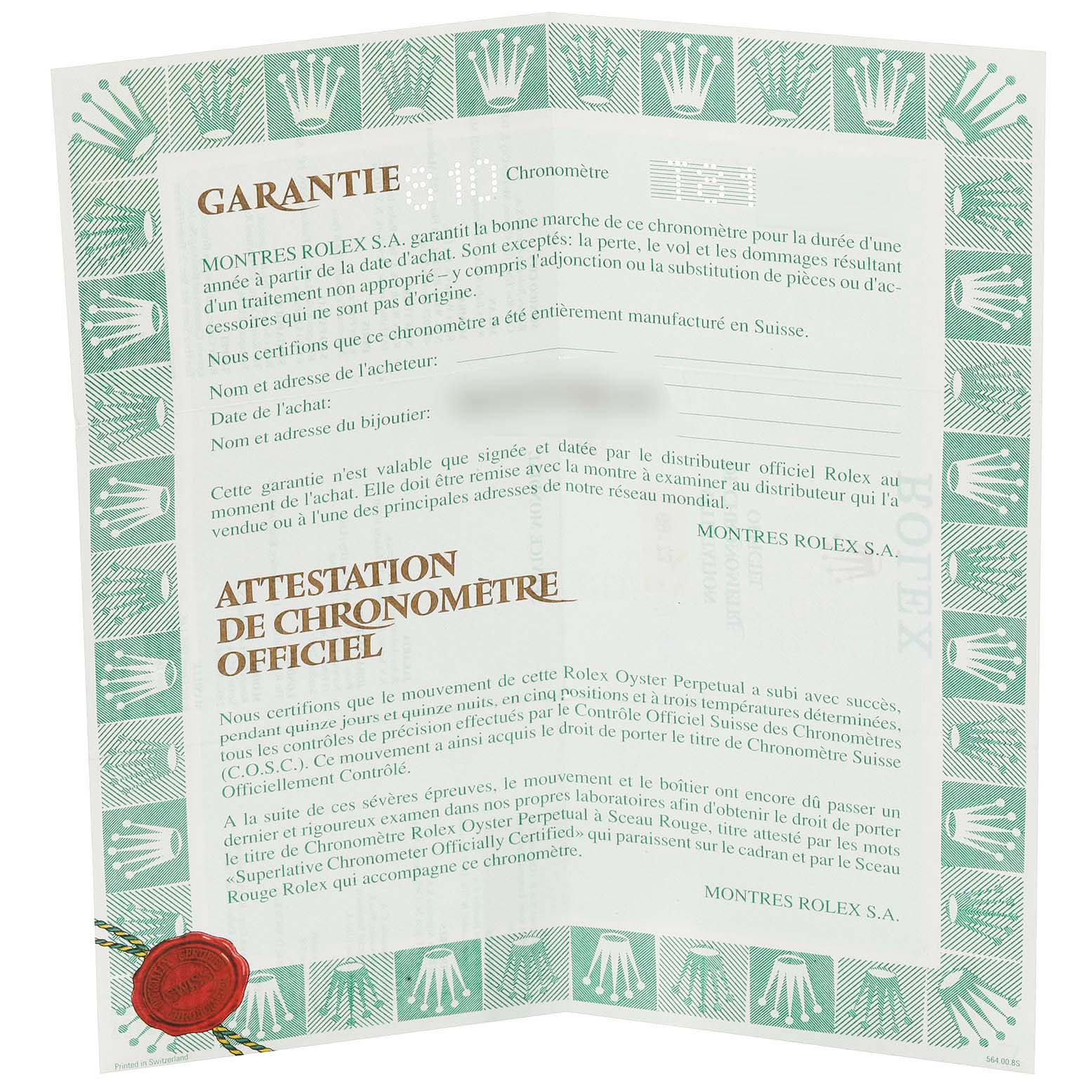 The image shows a warranty and chronometer certificate for a Rolex Datejust 69173 Women's Steel and Gold (two tone) Champagne Dial 69173 Women's Steel and Gold (two tone) Champagne Dial, including the Rolex logo and official text.