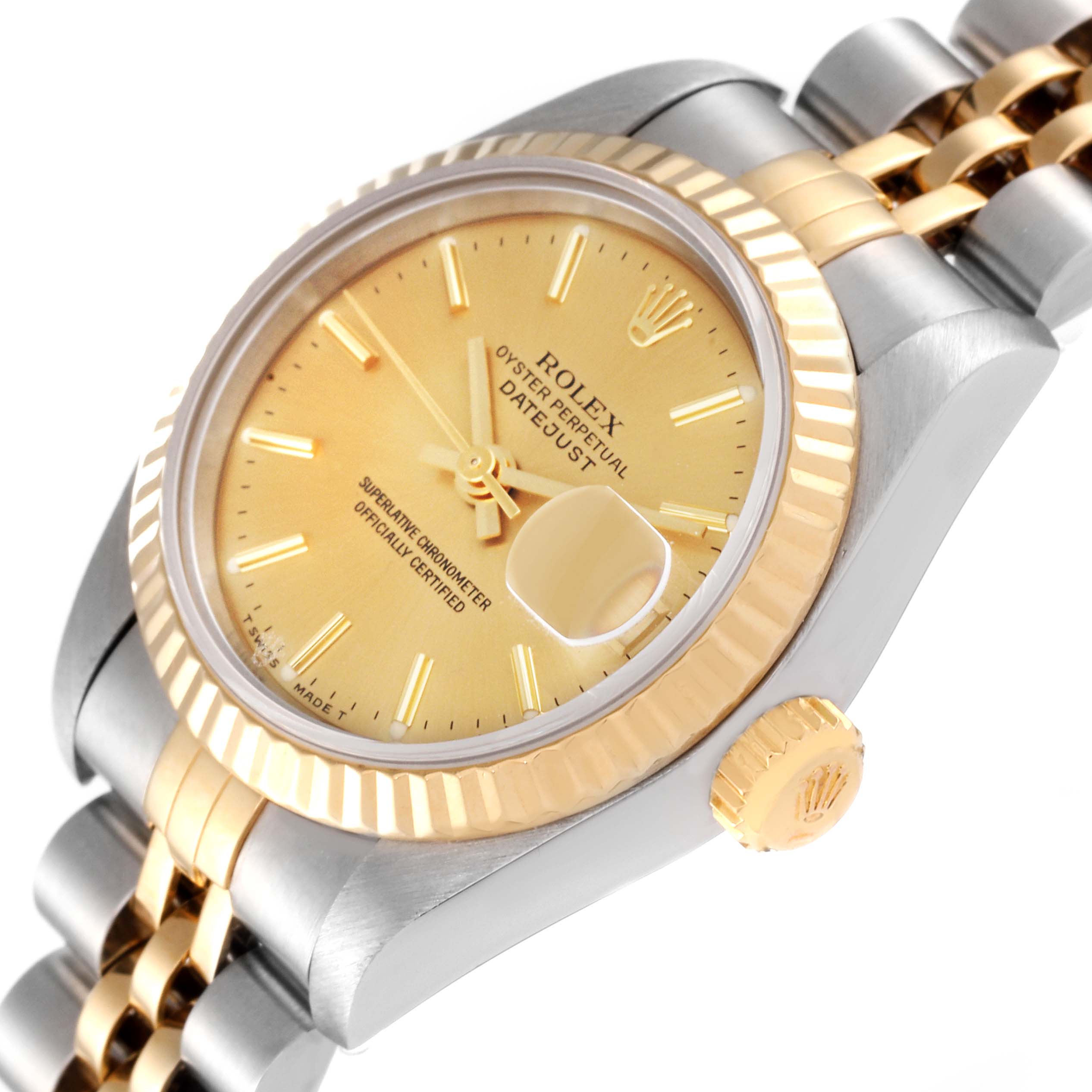The image shows a close-up, angled view of the Rolex Datejust 69173 Women's Steel and Gold (two tone) Champagne Dial 69173 Women's Steel and Gold (two tone) Champagne Dial watch, highlighting the dial, case, bezel, and part of the bracelet.