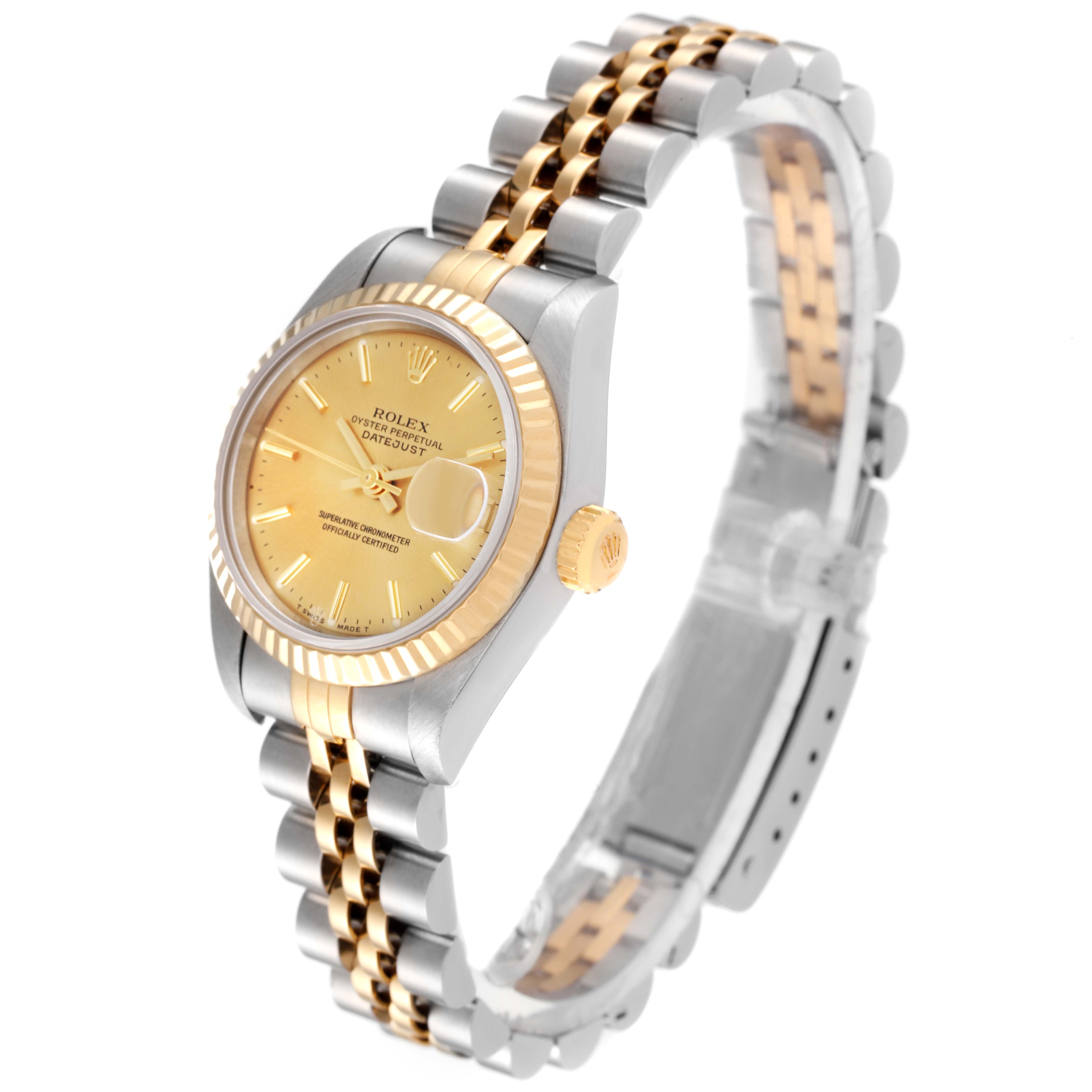 This Rolex Datejust 69173 Women's Steel and Gold (two tone) Champagne Dial 69173 Women's Steel and Gold (two tone) Champagne Dial watch is shown from an angled view displaying the face, bezel, crown, and two-tone Jubilee bracelet.