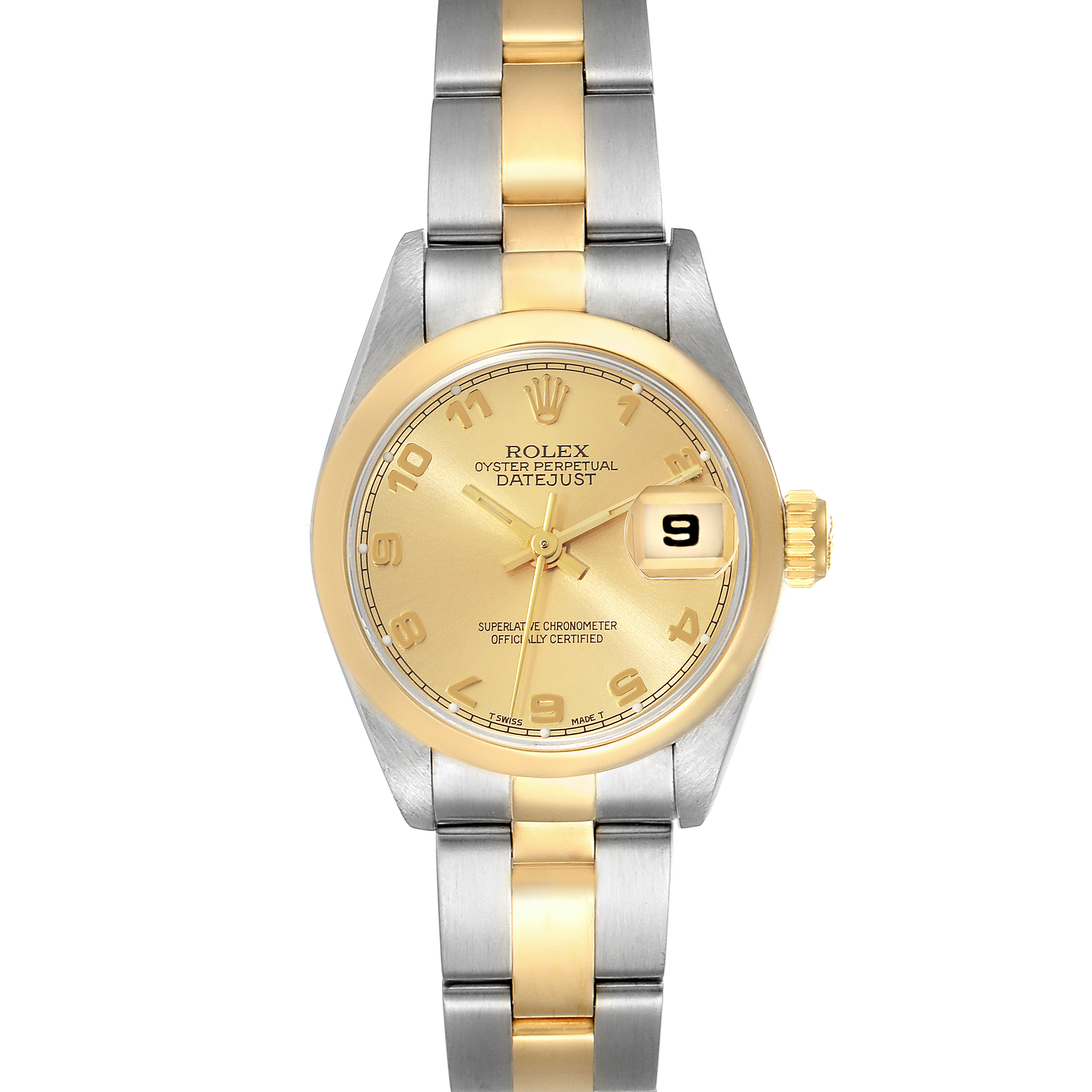 This is a front view of the Rolex Datejust 69163 Women's Steel and Gold (two tone) Champagne Dial 69163 Women's Steel and Gold (two tone) Champagne Dial watch, showcasing its gold and silver bracelet and gold dial.