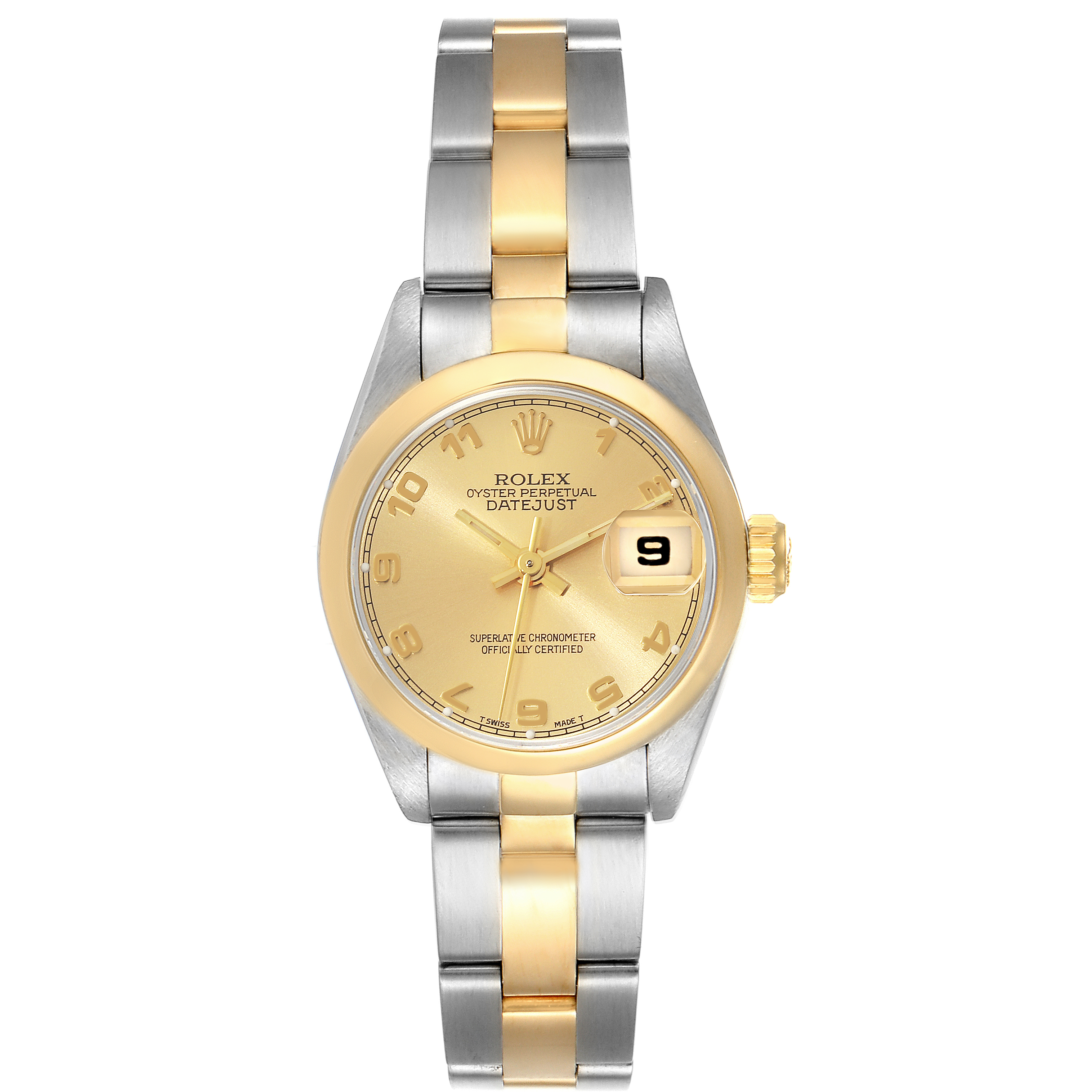 The Rolex Datejust 69163 Women's Steel and Gold (two tone) Champagne Dial 69163 Women's Steel and Gold (two tone) Champagne Dial watch is shown from a top view, displaying the face, bezel, and two-tone bracelet.
