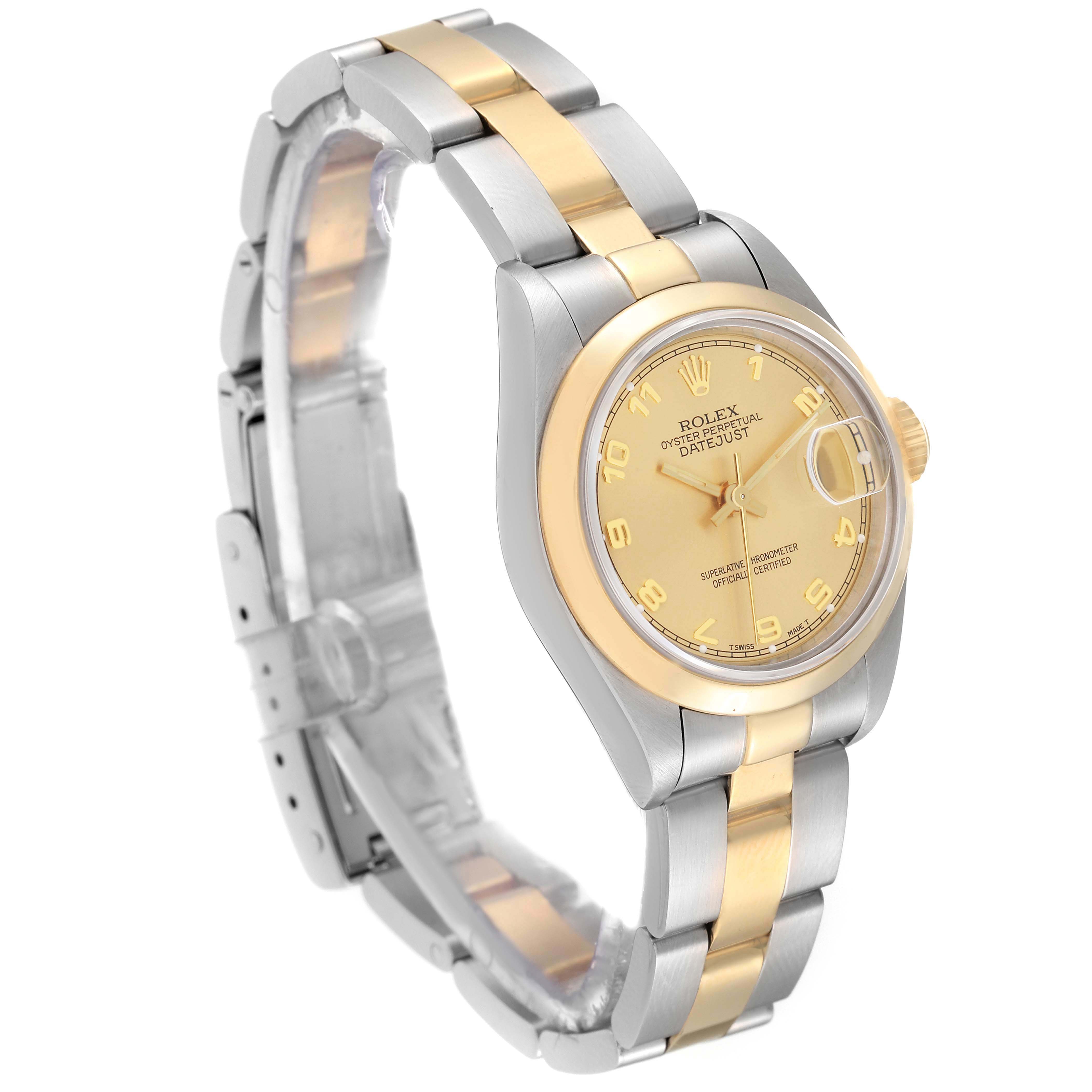 The image shows a Rolex Datejust 69163 Women's Steel and Gold (two tone) Champagne Dial 69163 Women's Steel and Gold (two tone) Champagne Dial watch at an angle, highlighting its two-tone bracelet, clasp, case, and dial.