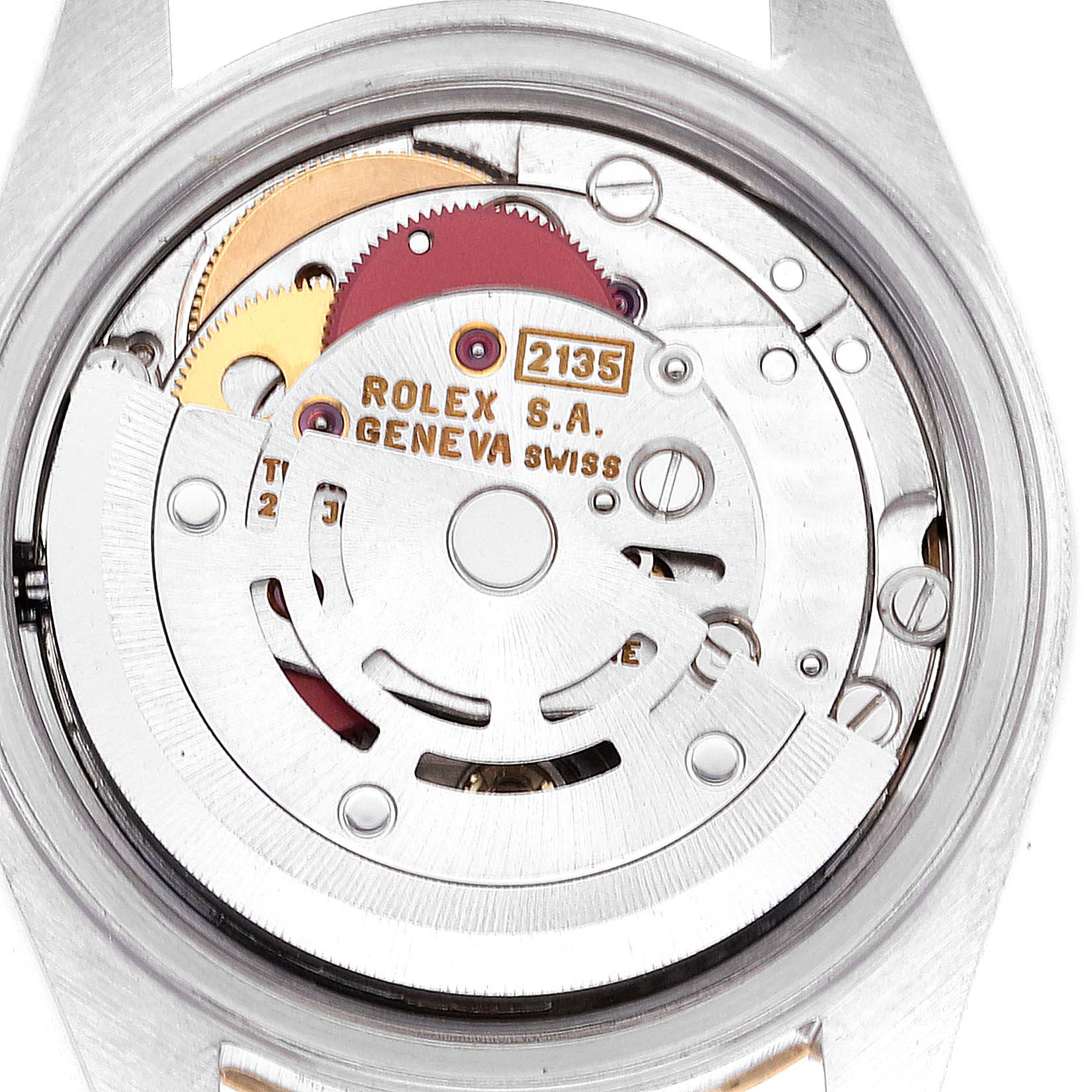 This image shows the internal movement mechanism of a Rolex Datejust 69163 Women's Steel and Gold (two tone) Champagne Dial 69163 Women's Steel and Gold (two tone) Champagne Dial watch from a close-up angle.