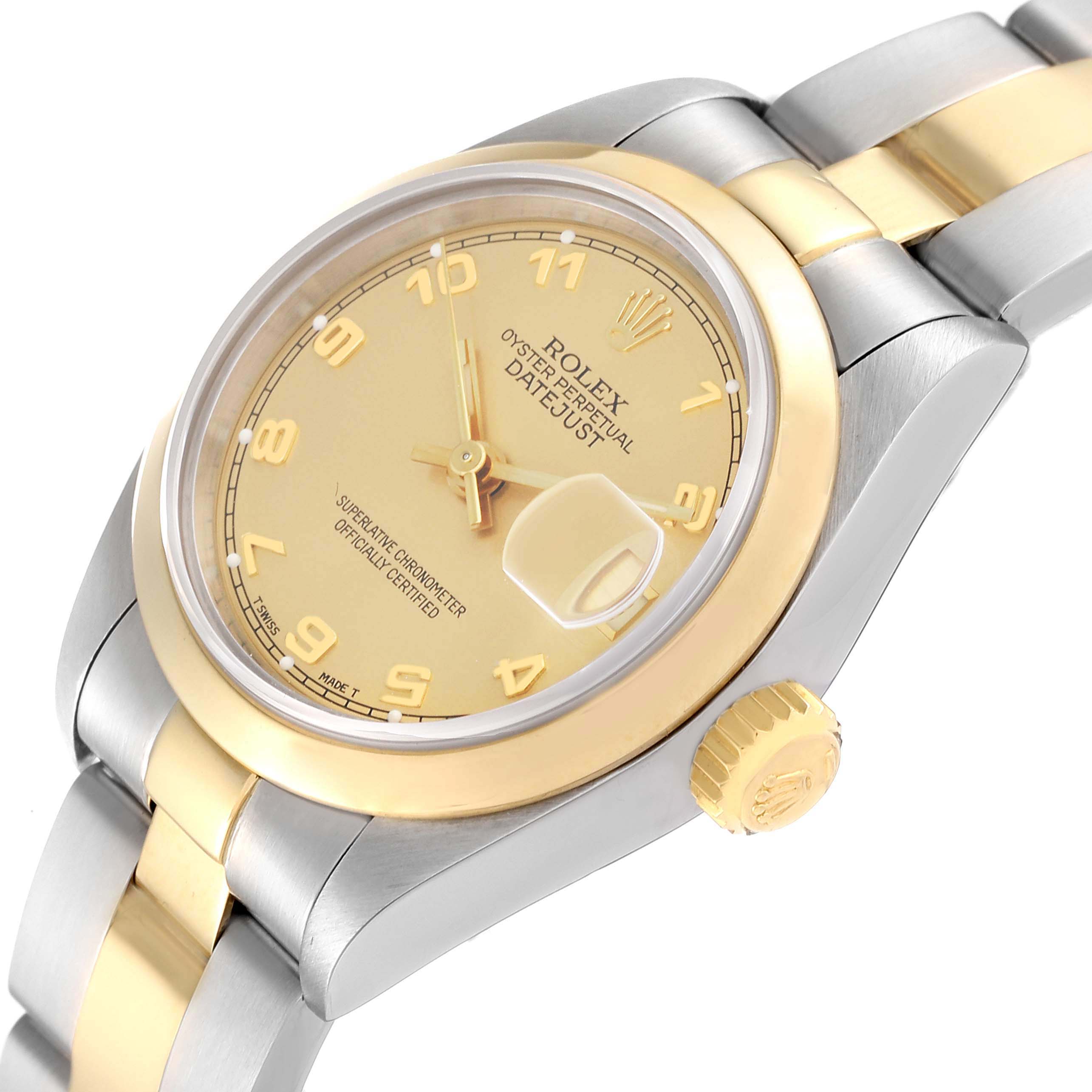 The image shows a close-up of a Rolex Datejust 69163 Women's Steel and Gold (two tone) Champagne Dial 69163 Women's Steel and Gold (two tone) Champagne Dial watch, highlighting the dial, crown, and case from an angled side view.