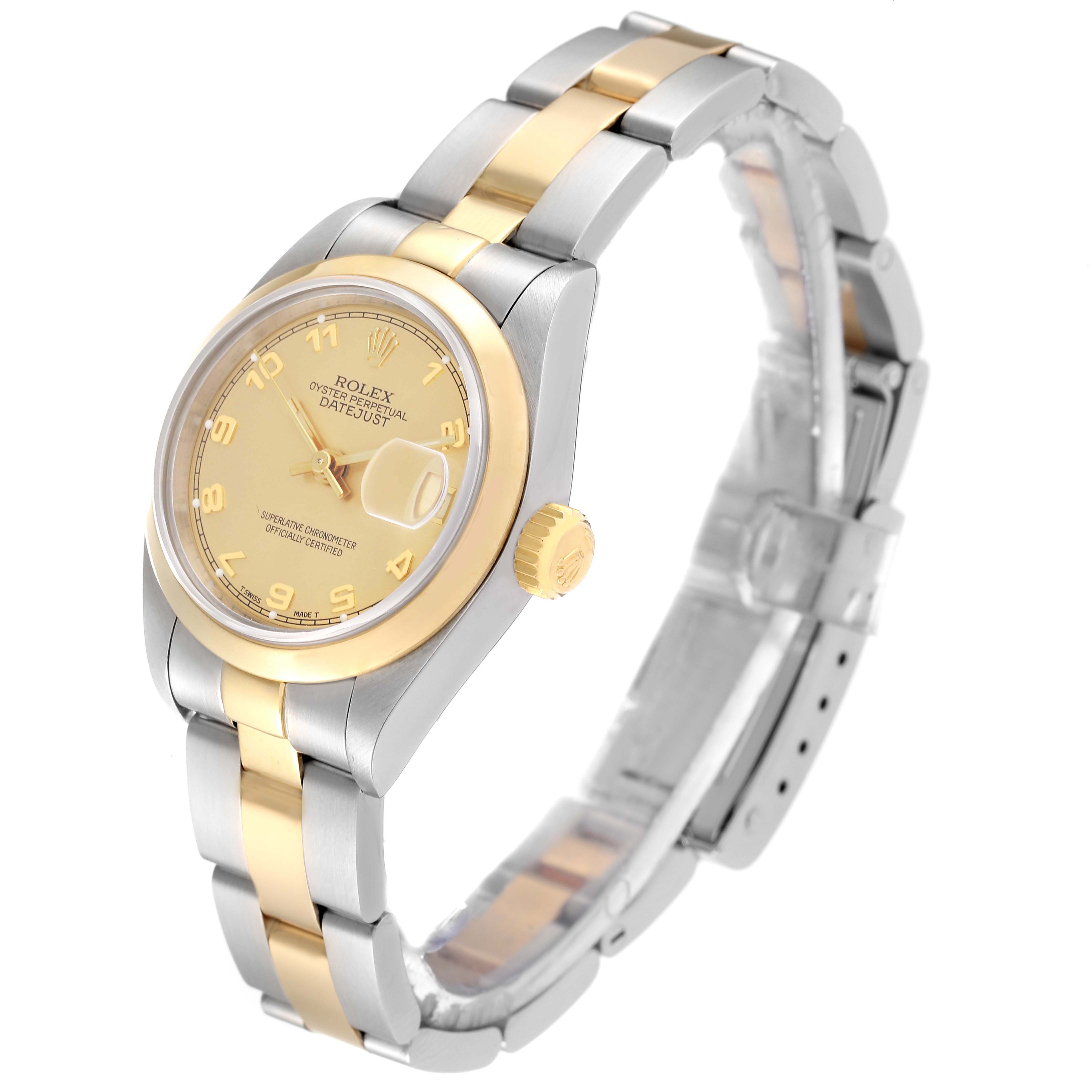 The image shows a Rolex Datejust 69163 Women's Steel and Gold (two tone) Champagne Dial 69163 Women's Steel and Gold (two tone) Champagne Dial watch at a three-quarter angle, highlighting its two-tone bracelet, dial, and crown.