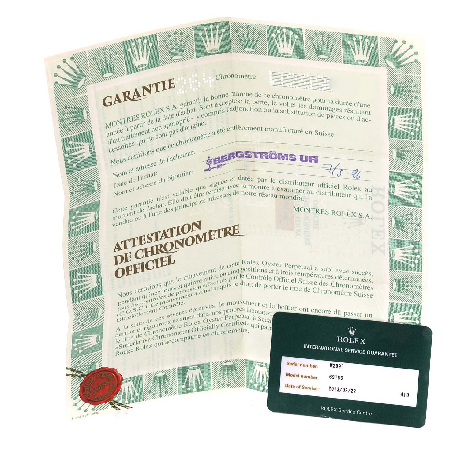 The image shows the warranty certificate and international service guarantee card for a Rolex Datejust 69163 Women's Steel and Gold (two tone) Champagne Dial 69163 Women's Steel and Gold (two tone) Champagne Dial model.