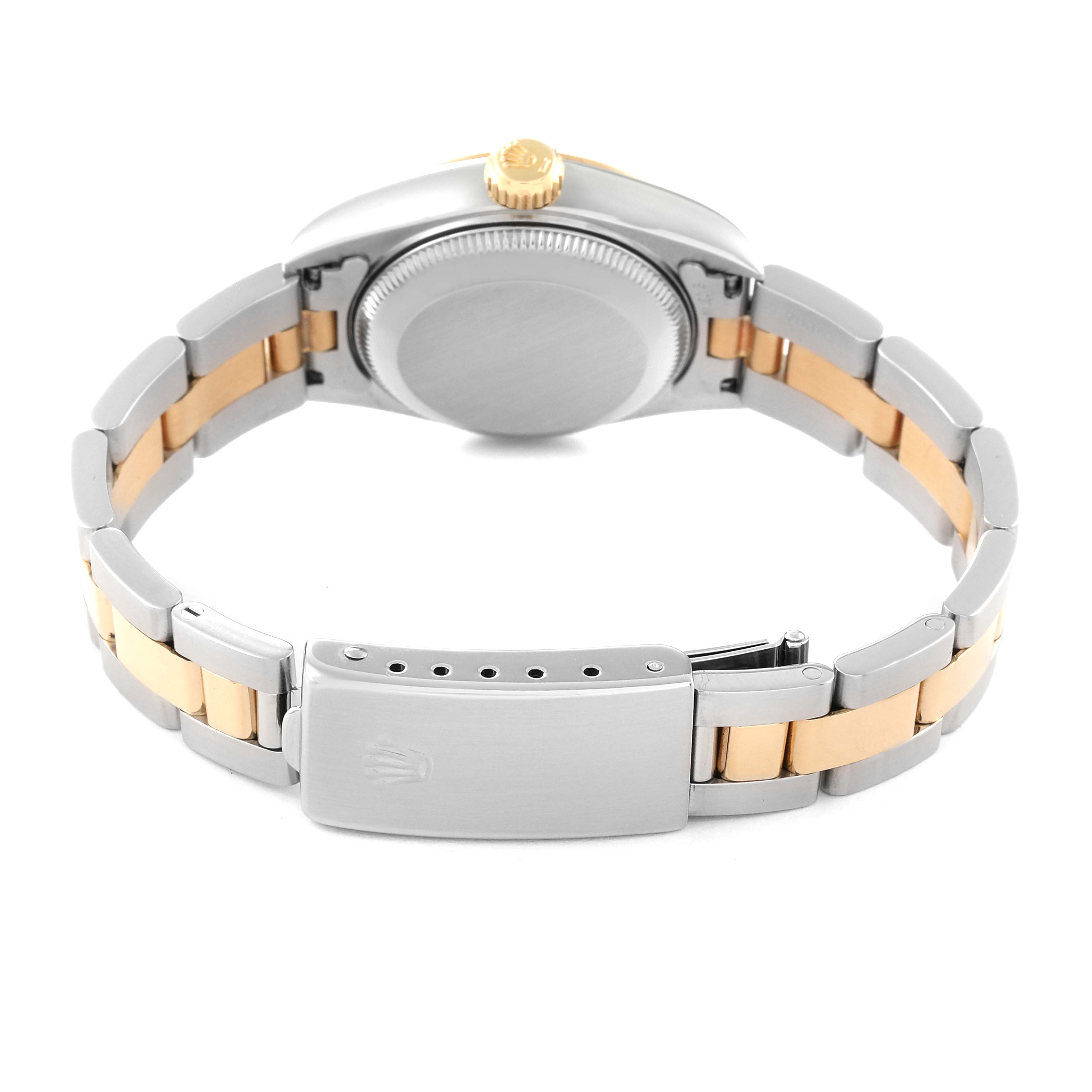 The image shows the back view of a Rolex Datejust 69163 Women's Steel and Gold (two tone) Champagne Dial 69163 Women's Steel and Gold (two tone) Champagne Dial watch, highlighting the case back, crown, and the two-tone bracelet with the clasp.