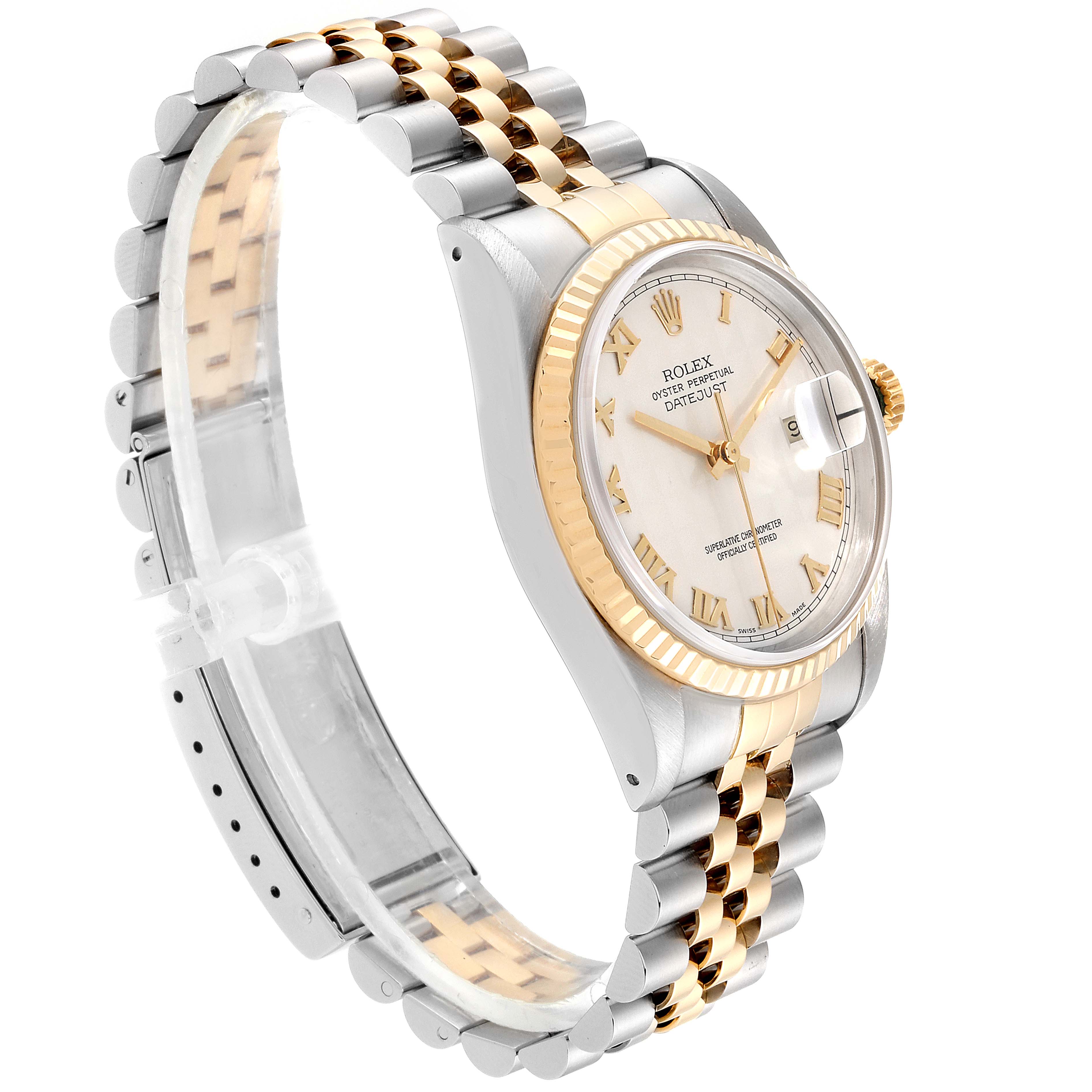 This image shows a Rolex Datejust 16233 Men's Steel and Gold (two tone) Silver Dial 16233 Men's Steel and Gold (two tone) Silver Dial watch at a three-quarter angle, highlighting its dial, bezel, and two-tone bracelet.