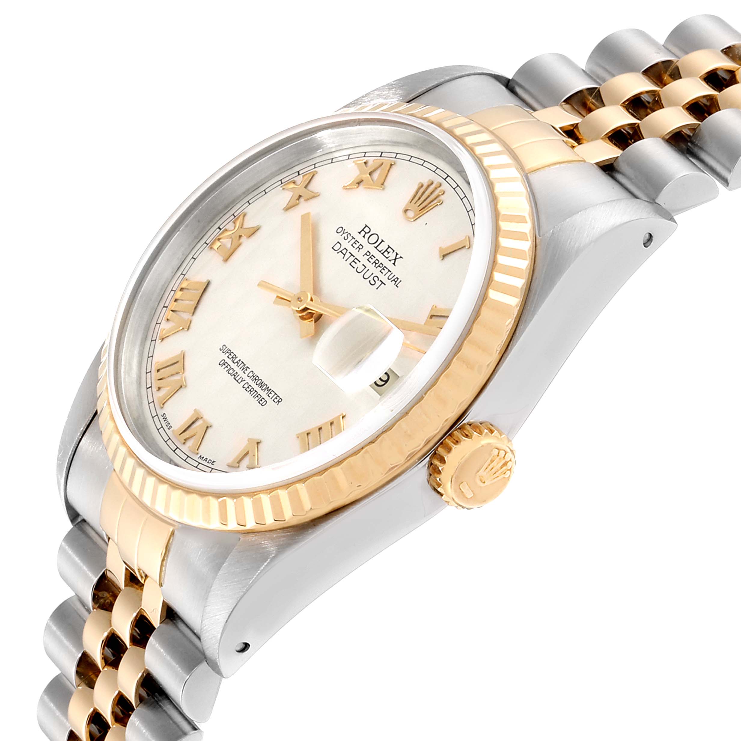 The image shows a side angle of a Rolex Datejust 16233 Men's Steel and Gold (two tone) Silver Dial 16233 Men's Steel and Gold (two tone) Silver Dial watch, highlighting the dial, fluted bezel, and bracelet.