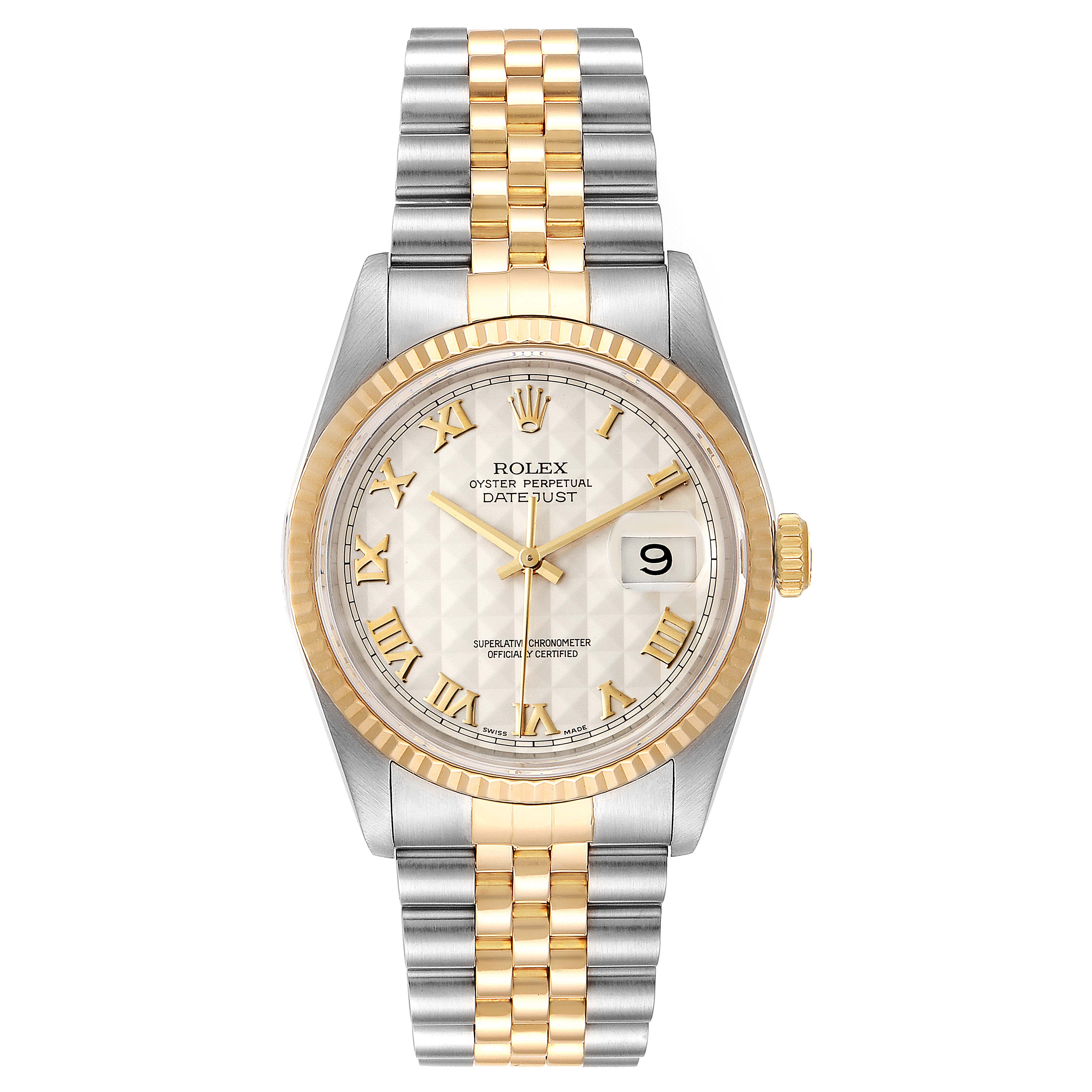 The image shows a front view of a Rolex Datejust 16233 Men's Steel and Gold (two tone) Silver Dial 16233 Men's Steel and Gold (two tone) Silver Dial watch, highlighting its face, bezel, and bracelet.