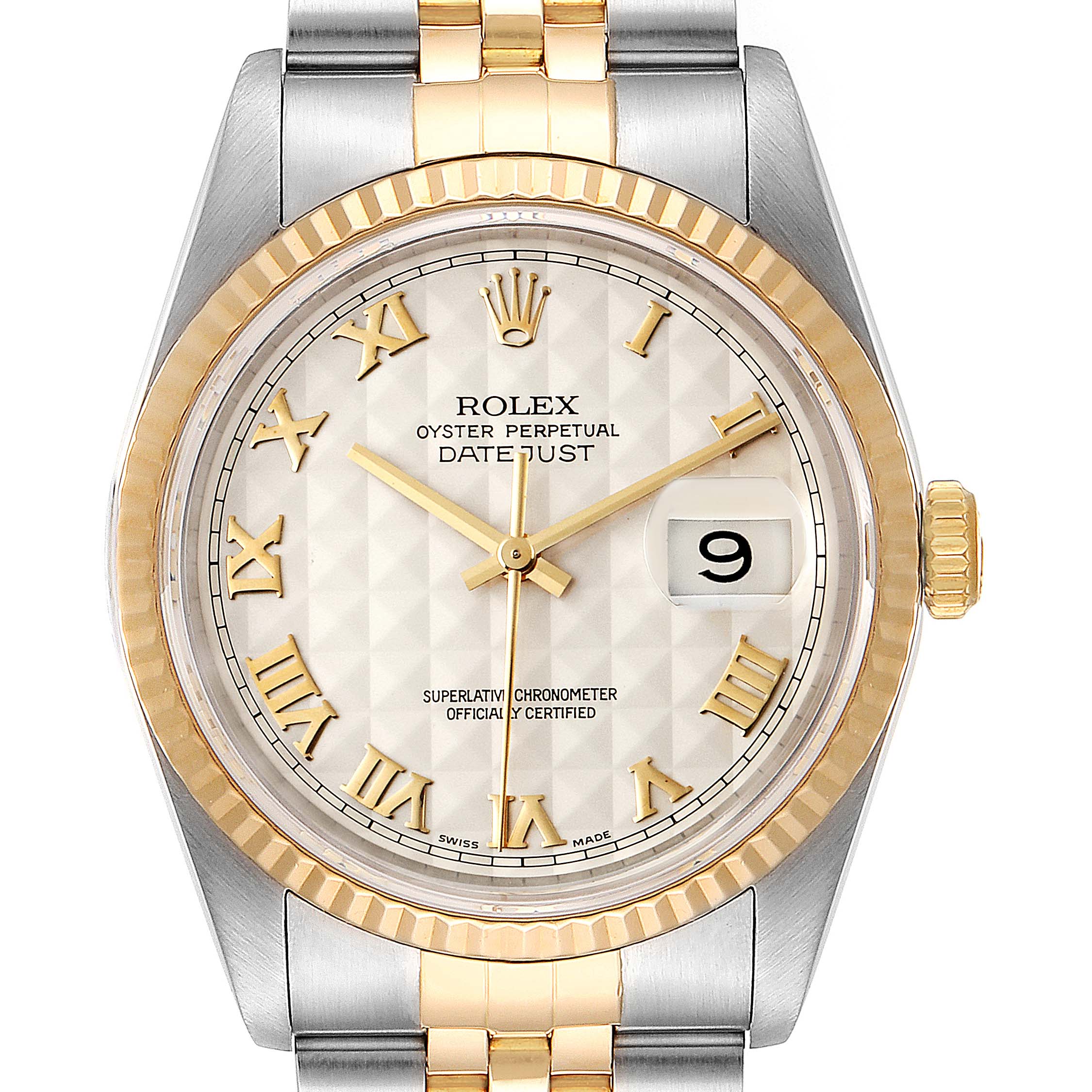 This image shows a front view of a Rolex Datejust 16233 Men's Steel and Gold (two tone) Silver Dial 16233 Men's Steel and Gold (two tone) Silver Dial watch, focusing on its dial, bezel, and part of the bracelet.