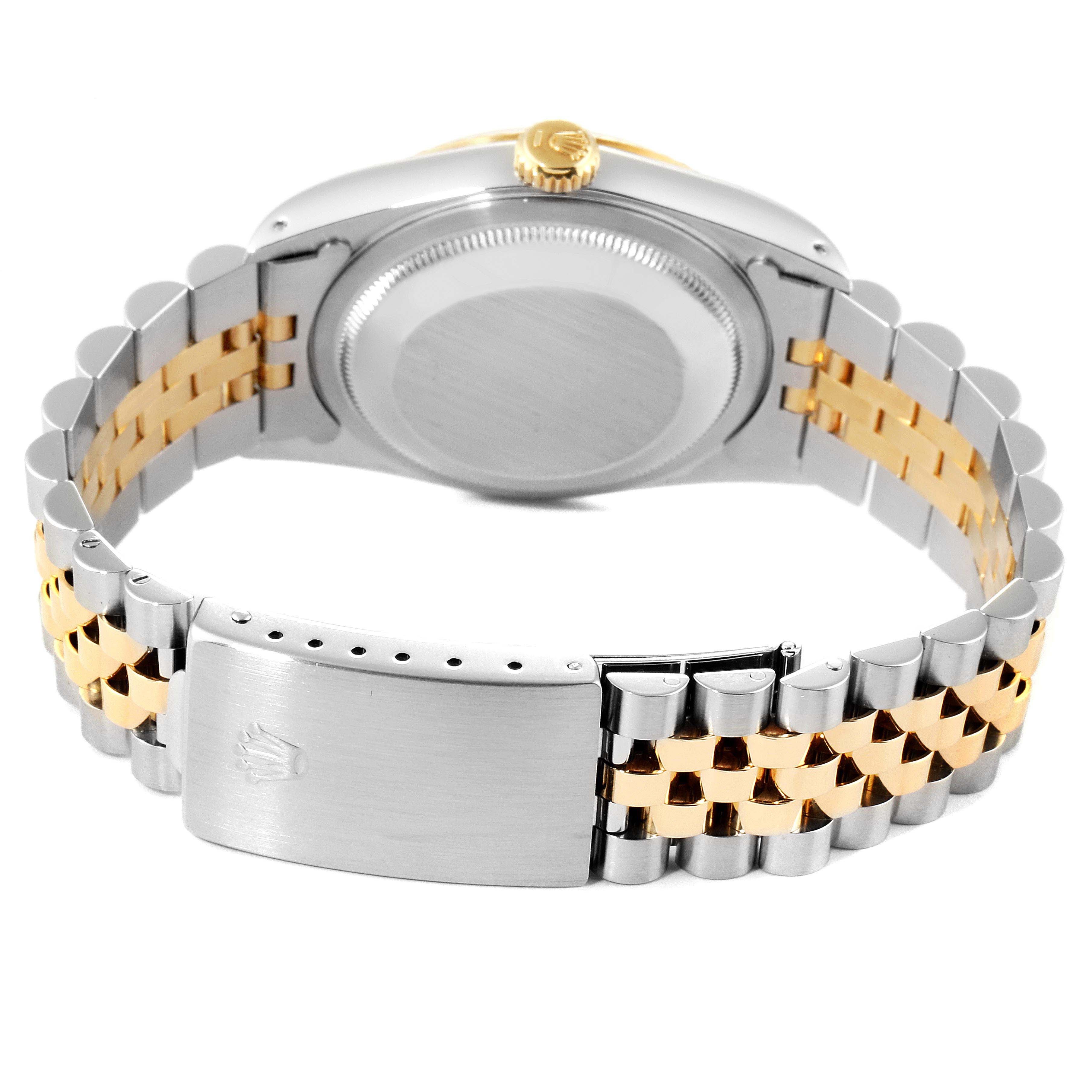 The image shows a rear view of a Rolex Datejust 16233 Men's Steel and Gold (two tone) Silver Dial 16233 Men's Steel and Gold (two tone) Silver Dial watch including the case back, bracelet, and clasp.