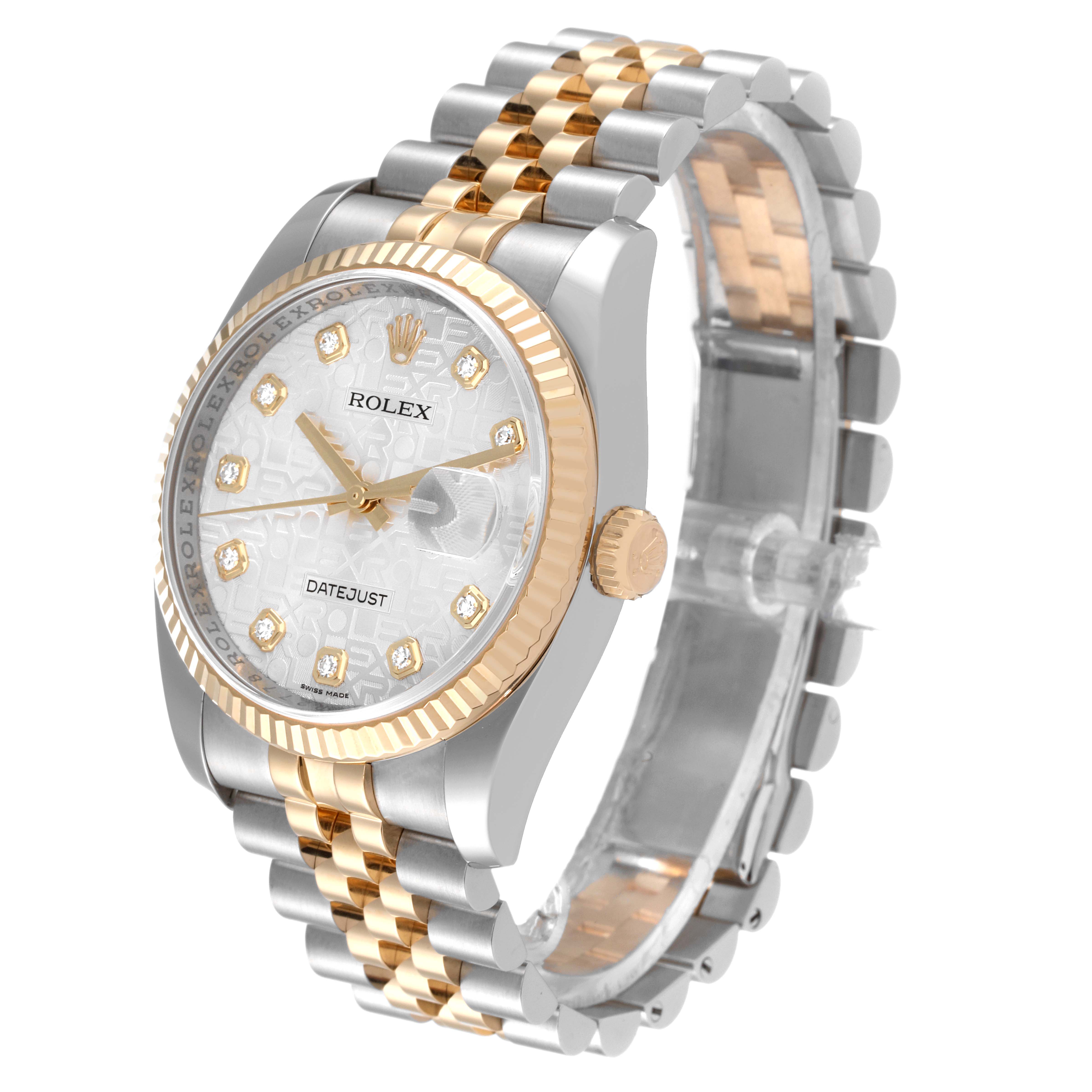 The Rolex Datejust 116233 Men's Steel and Gold (two tone) Silver Dial 116233 Men's Steel and Gold (two tone) Silver Dial watch is shown at a three-quarter angle, highlighting the dial, bezel, crown, and bracelet.