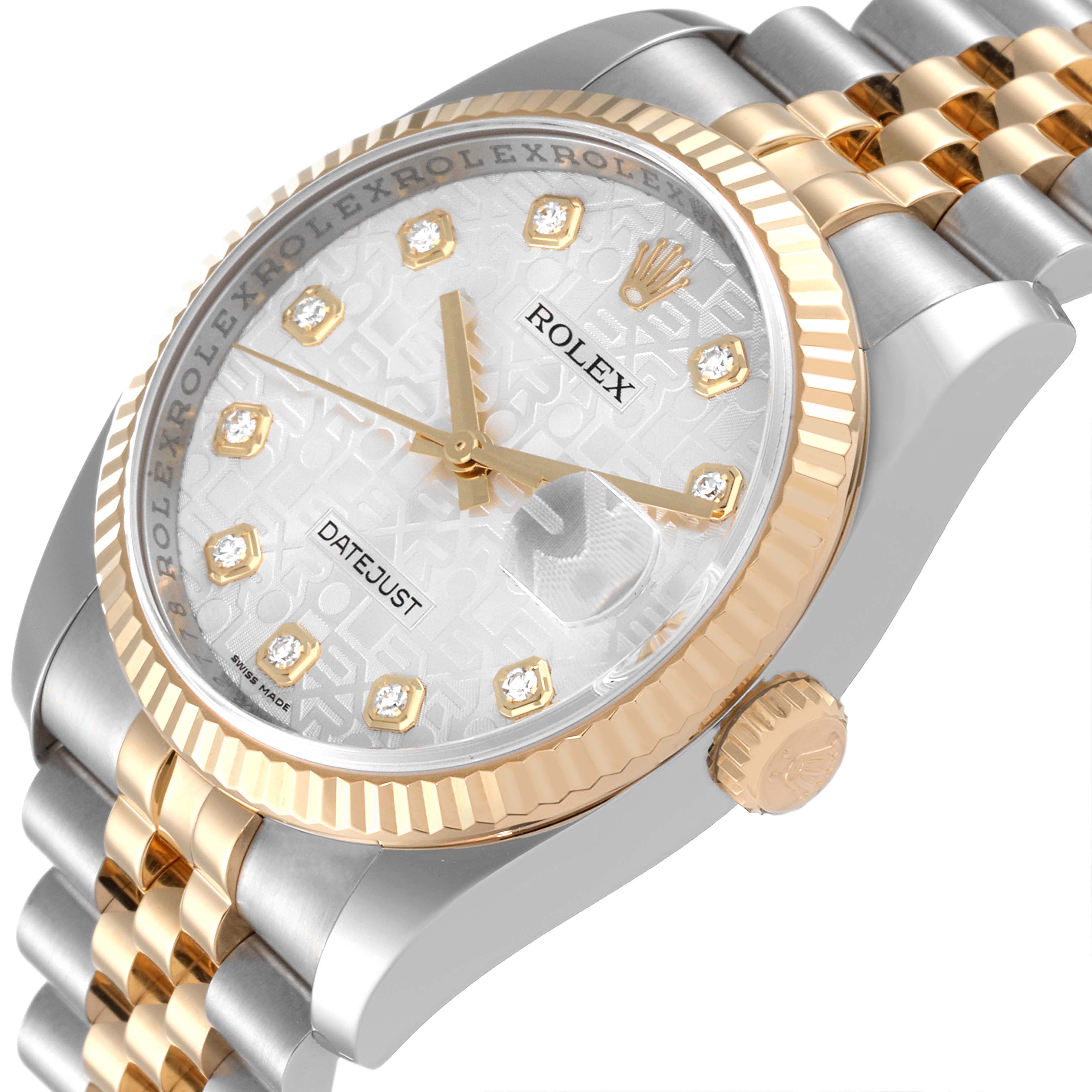The image shows a close-up angle of the Rolex Datejust 116233 Men's Steel and Gold (two tone) Silver Dial 116233 Men's Steel and Gold (two tone) Silver Dial watch, highlighting the face, bezel, crown, and part of the bracelet.