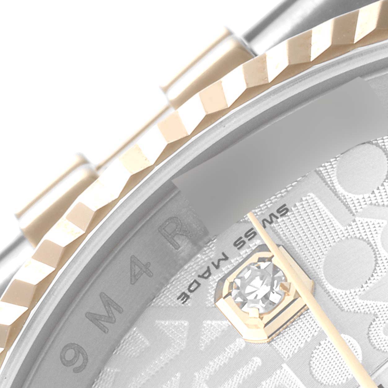 The image shows a close-up of the dial, bezel, and part of the bracelet of a Rolex Datejust 116233 Men's Steel and Gold (two tone) Silver Dial 116233 Men's Steel and Gold (two tone) Silver Dial watch.