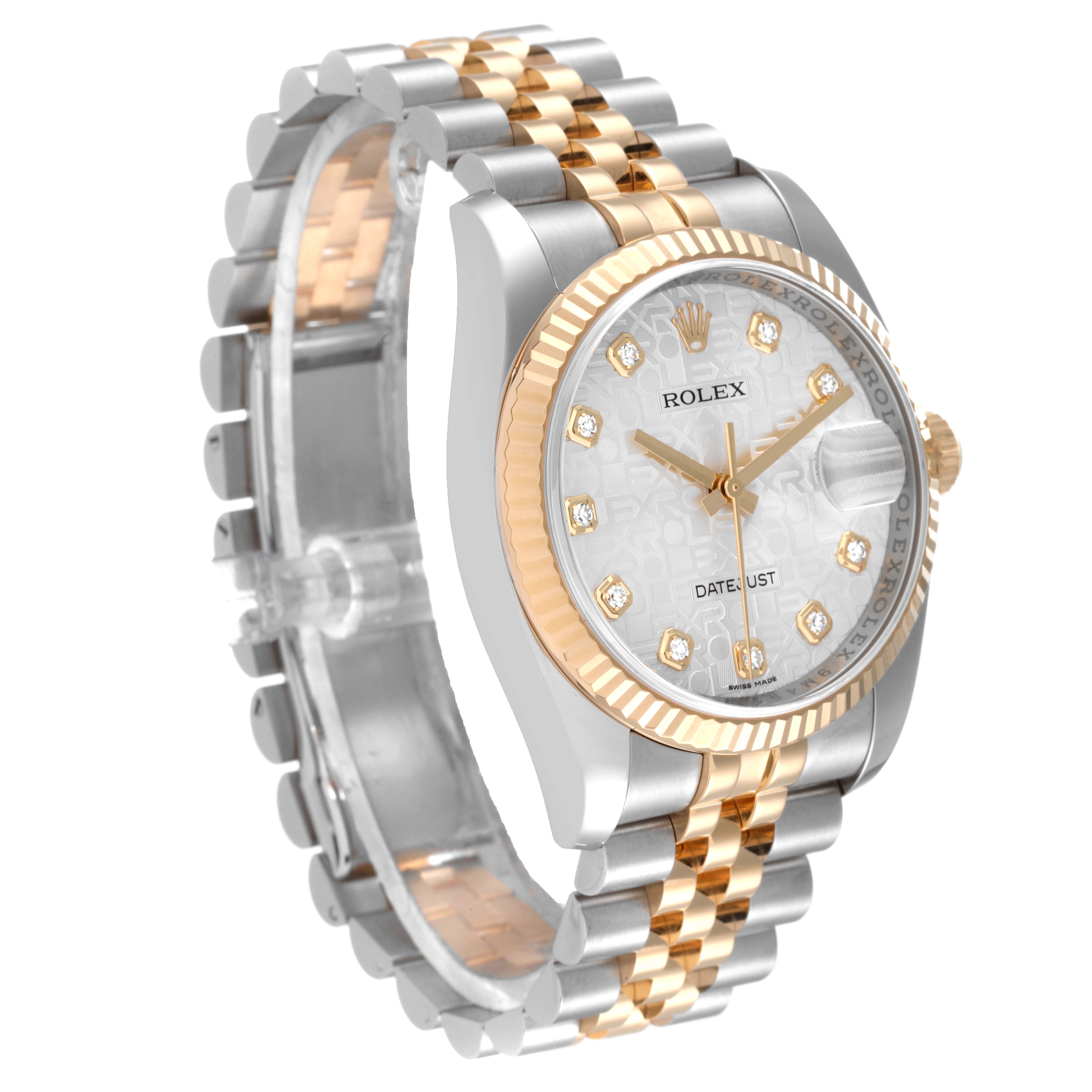 This image shows a Rolex Datejust 116233 Men's Steel and Gold (two tone) Silver Dial 116233 Men's Steel and Gold (two tone) Silver Dial watch at an angled side view, highlighting the two-tone bracelet, bezel, and dial with diamond markers.