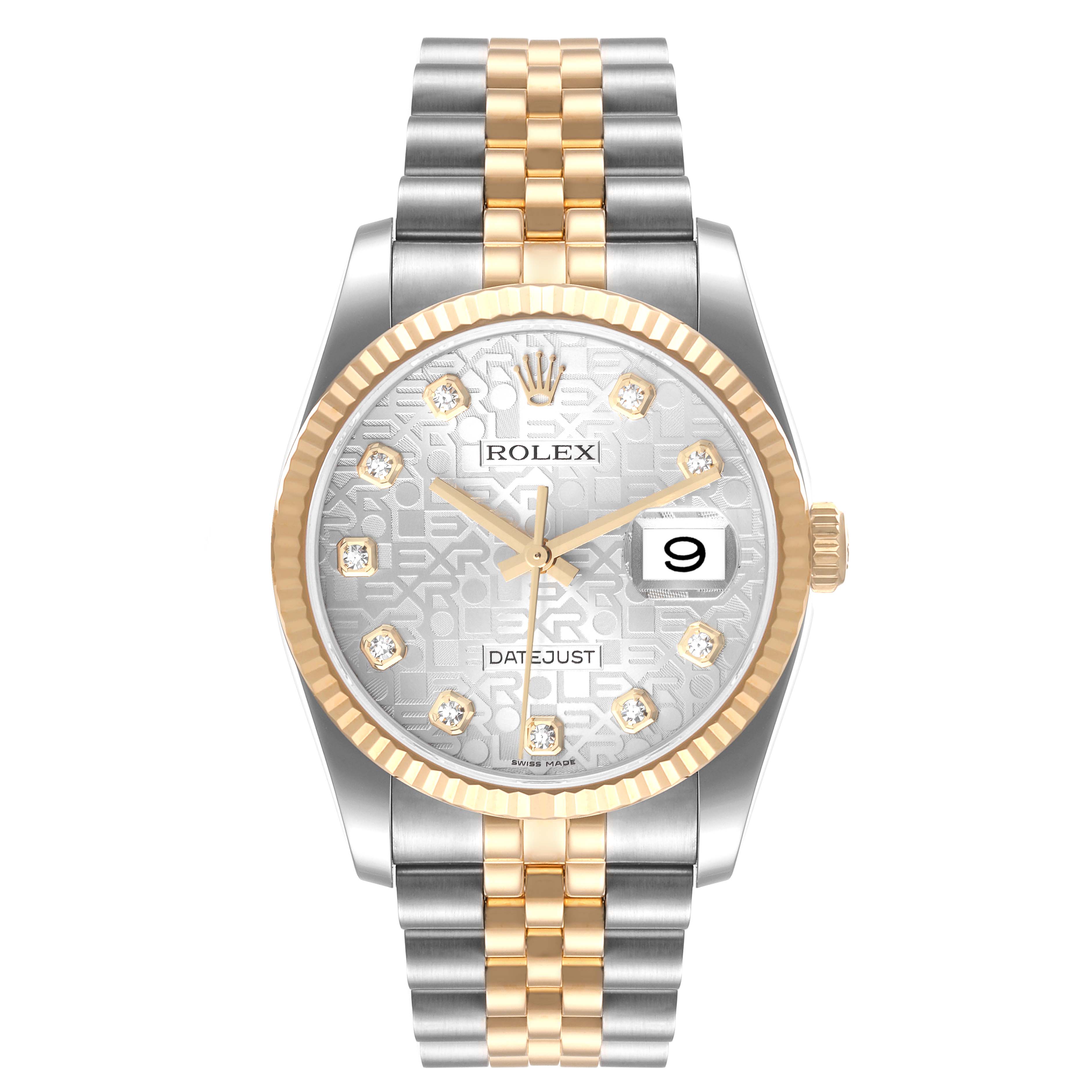 The image shows a front view of the Rolex Datejust 116233 Men's Steel and Gold (two tone) Silver Dial 116233 Men's Steel and Gold (two tone) Silver Dial watch with a silver and gold bracelet and a patterned dial.