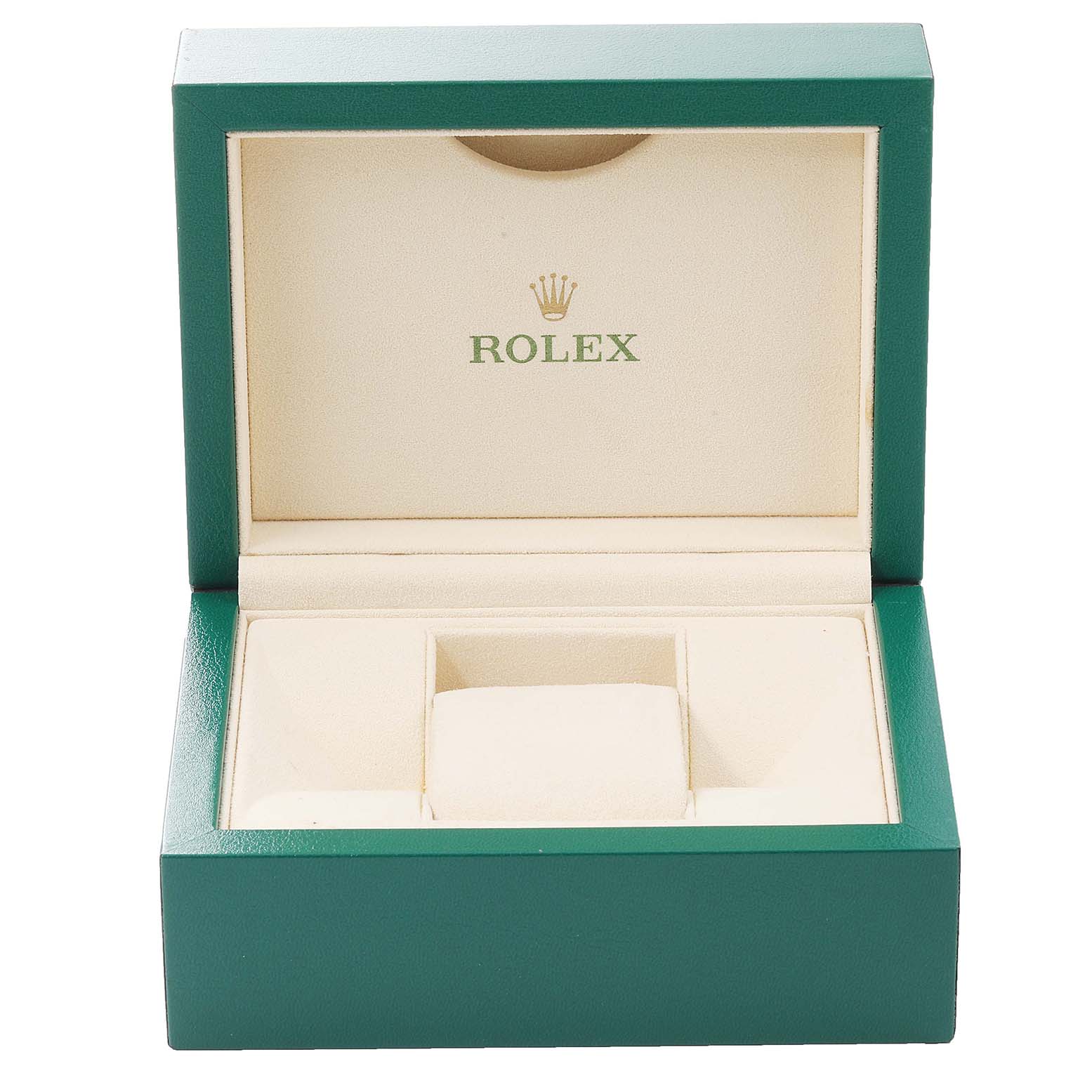 This image shows an open green and beige Rolex Datejust 116233 Men's Steel and Gold (two tone) Silver Dial 116233 Men's Steel and Gold (two tone) Silver Dial watch box, displaying the interior compartments.