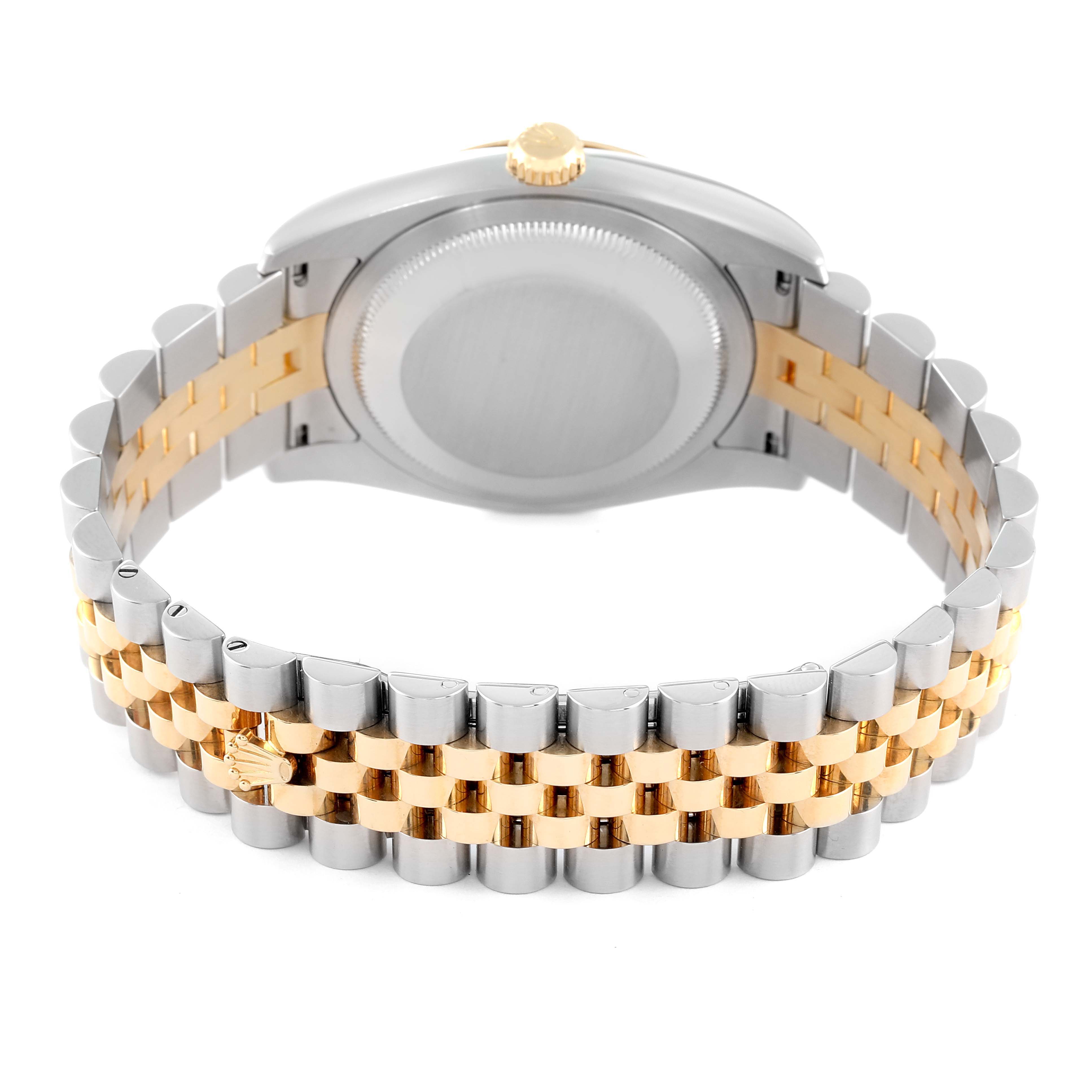 The image shows the back view of a Rolex Datejust 116233 Men's Steel and Gold (two tone) Silver Dial 116233 Men's Steel and Gold (two tone) Silver Dial watch, highlighting the case back and two-tone jubilee bracelet.