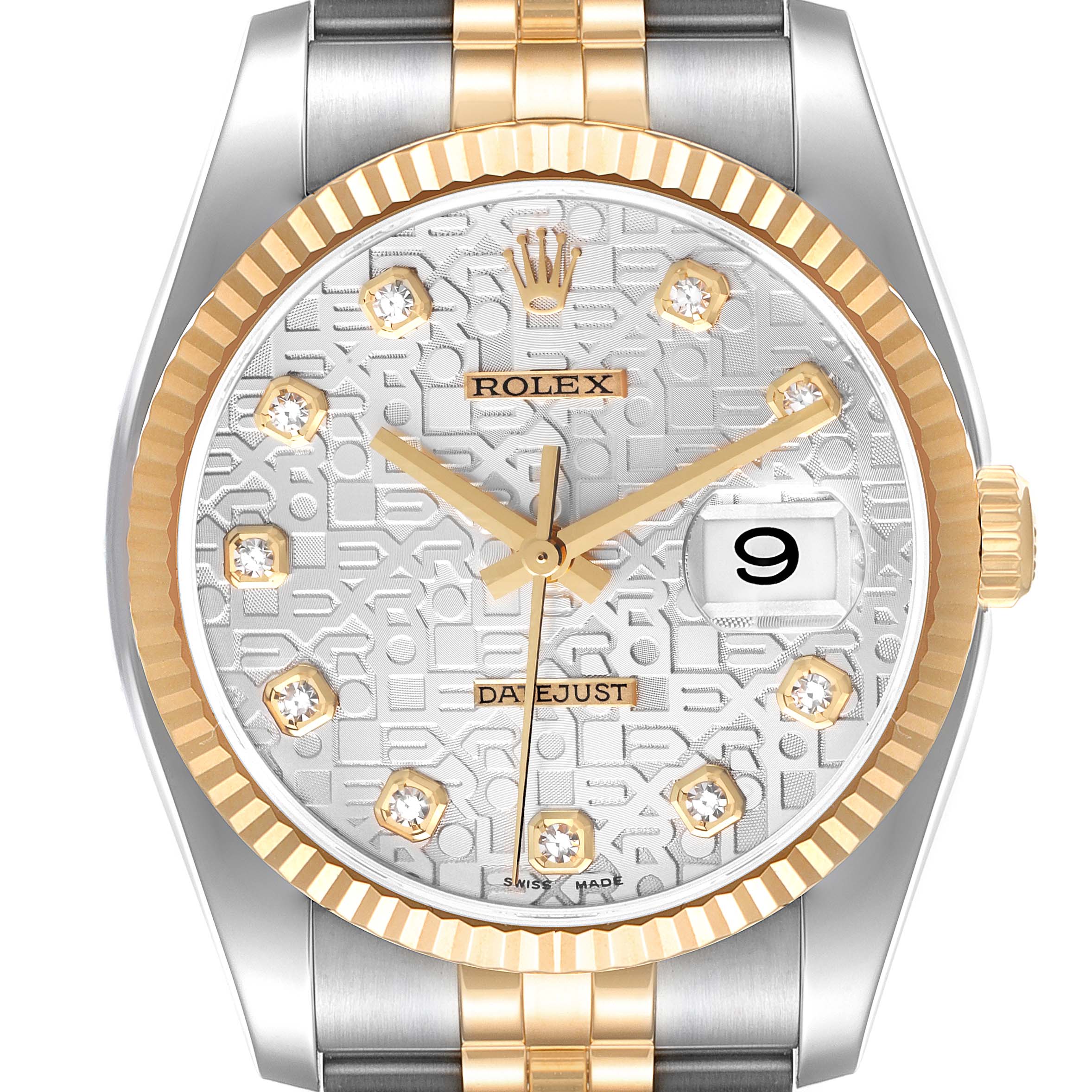 This is a close-up of the Rolex Datejust 116233 Men's Steel and Gold (two tone) Silver Dial 116233 Men's Steel and Gold (two tone) Silver Dial watch, showing the face, bezel, and part of the bracelet in a straight-on angle.