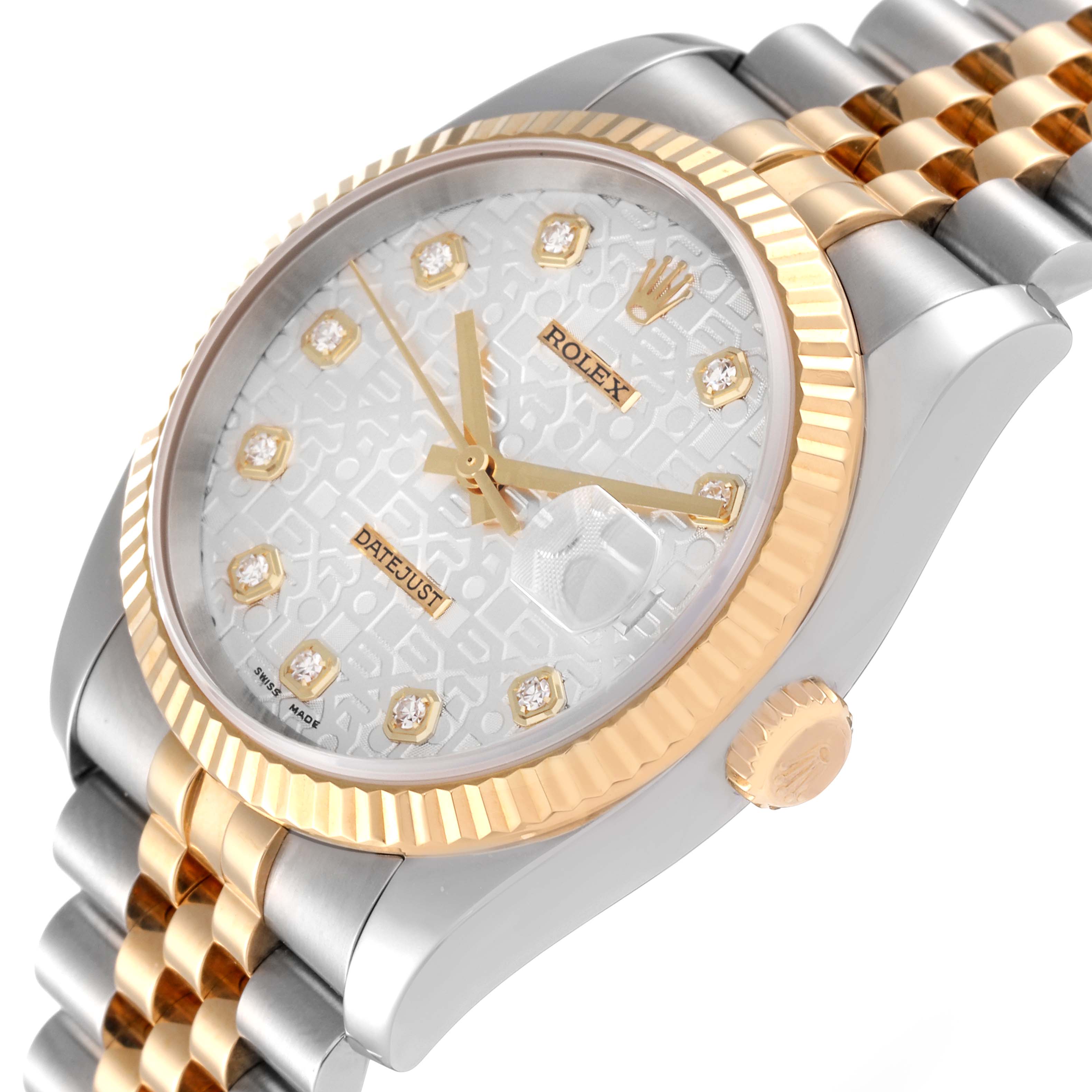 The image shows a close-up angle displaying the face, bezel, and part of the bracelet of the Rolex Datejust 116233 Men's Steel and Gold (two tone) Silver Dial 116233 Men's Steel and Gold (two tone) Silver Dial watch.