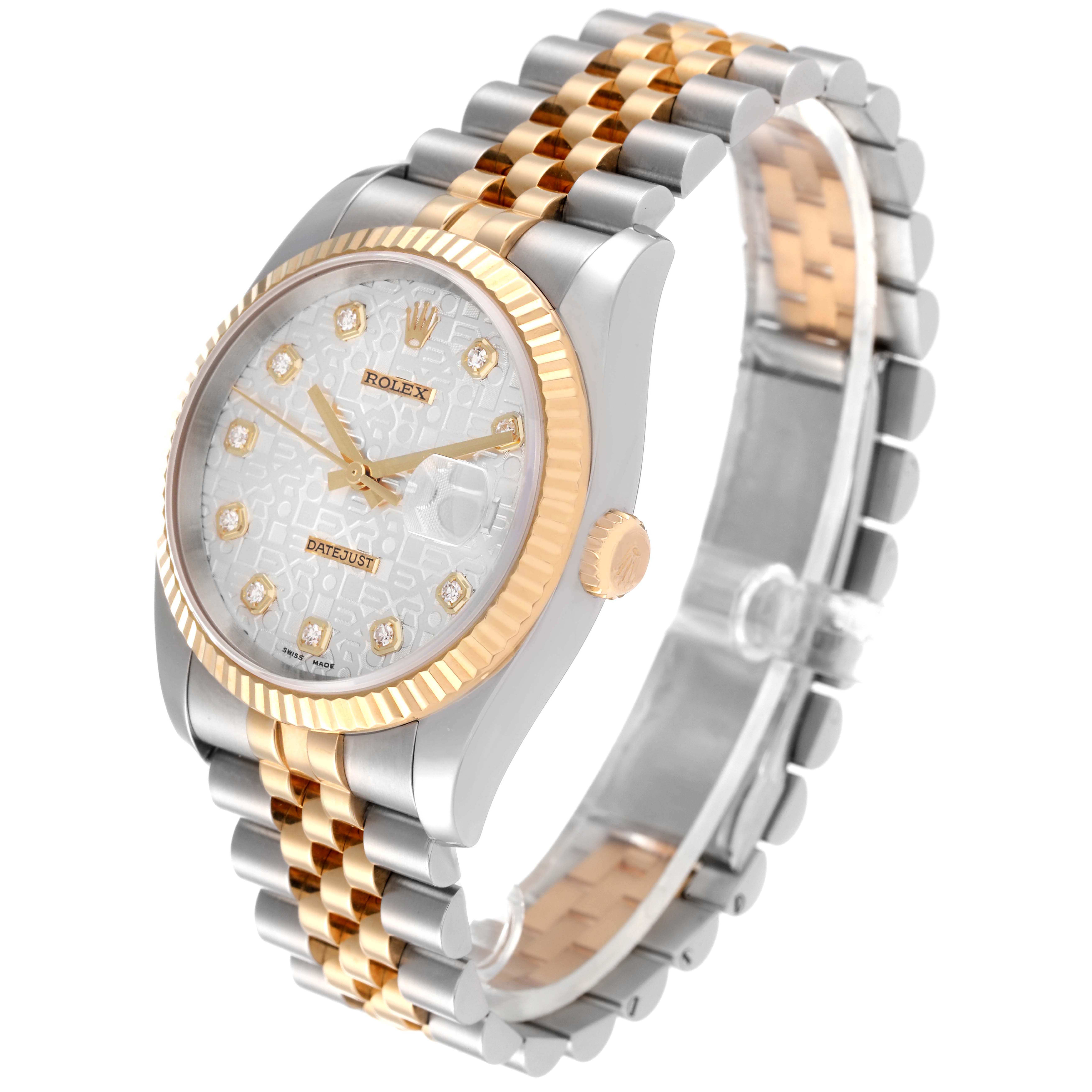 The Rolex Datejust 116233 Men's Steel and Gold (two tone) Silver Dial 116233 Men's Steel and Gold (two tone) Silver Dial watch is shown at a three-quarter angle, highlighting the dial, bezel, crown, and two-tone bracelet.