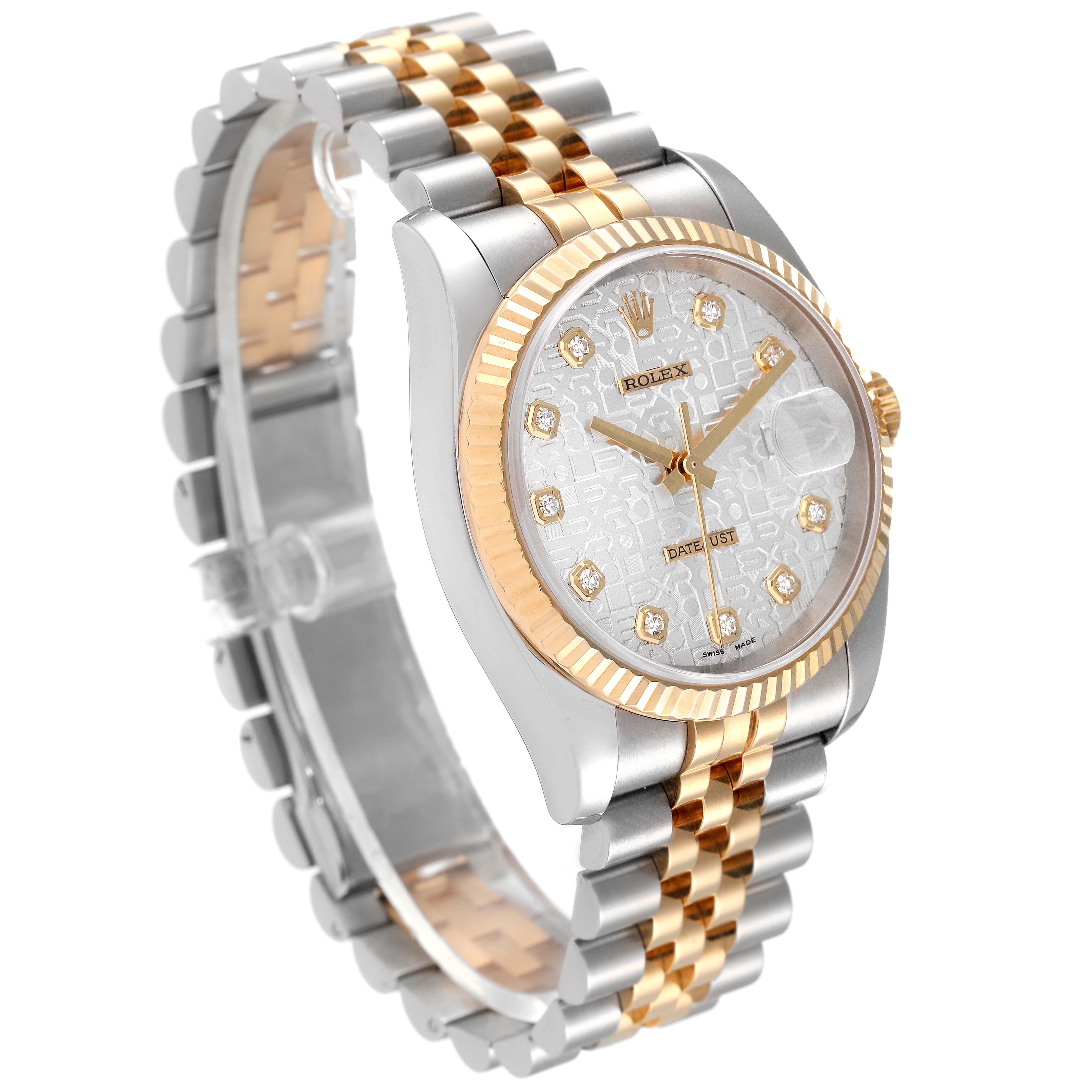 The Rolex Datejust 116233 Men's Steel and Gold (two tone) Silver Dial 116233 Men's Steel and Gold (two tone) Silver Dial watch is shown at a three-quarter angle, highlighting its two-tone bracelet, fluted bezel, and diamond dial markers.