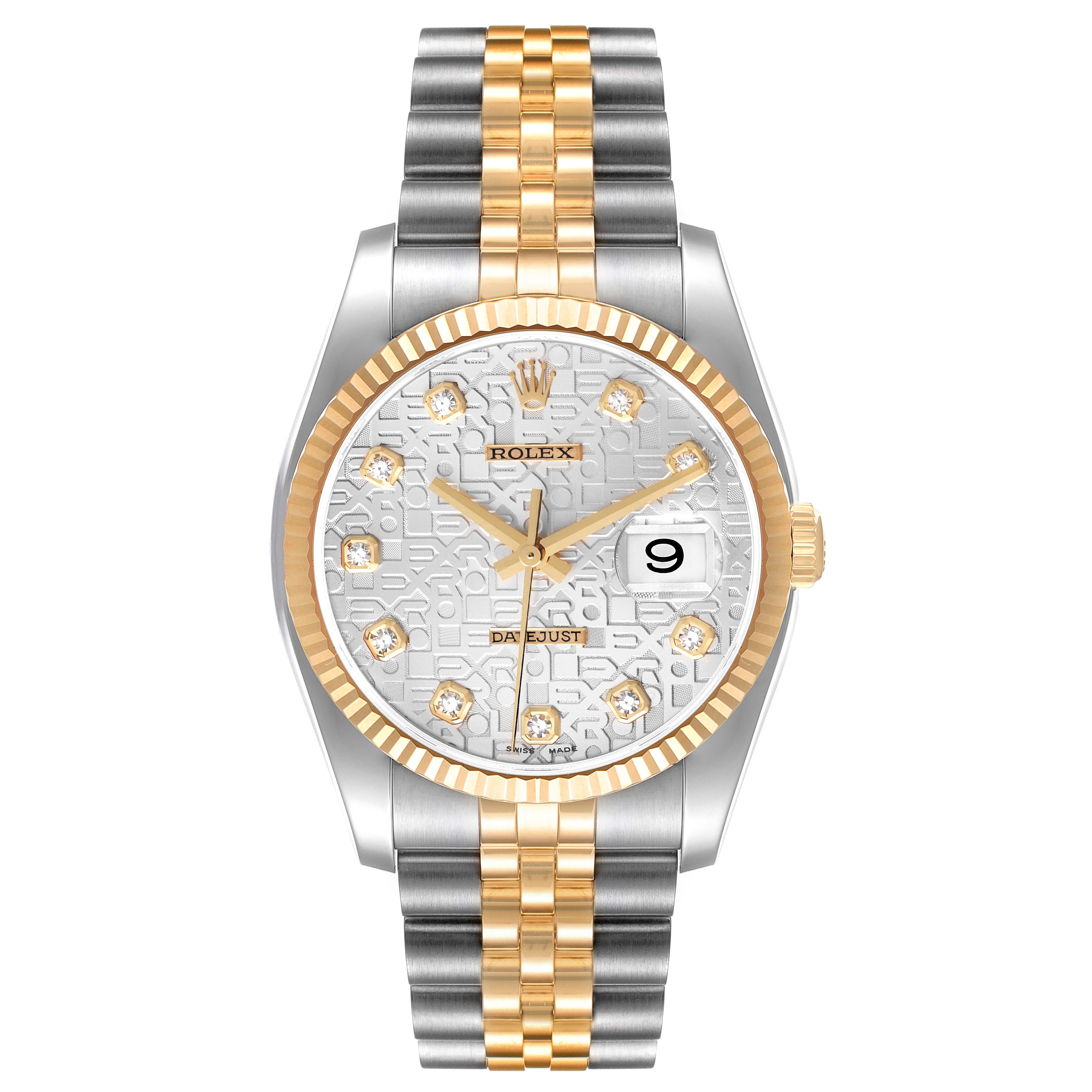 The Rolex Datejust 116233 Men's Steel and Gold (two tone) Silver Dial 116233 Men's Steel and Gold (two tone) Silver Dial watch is shown from the front, displaying the face, case, crown, and bracelet.