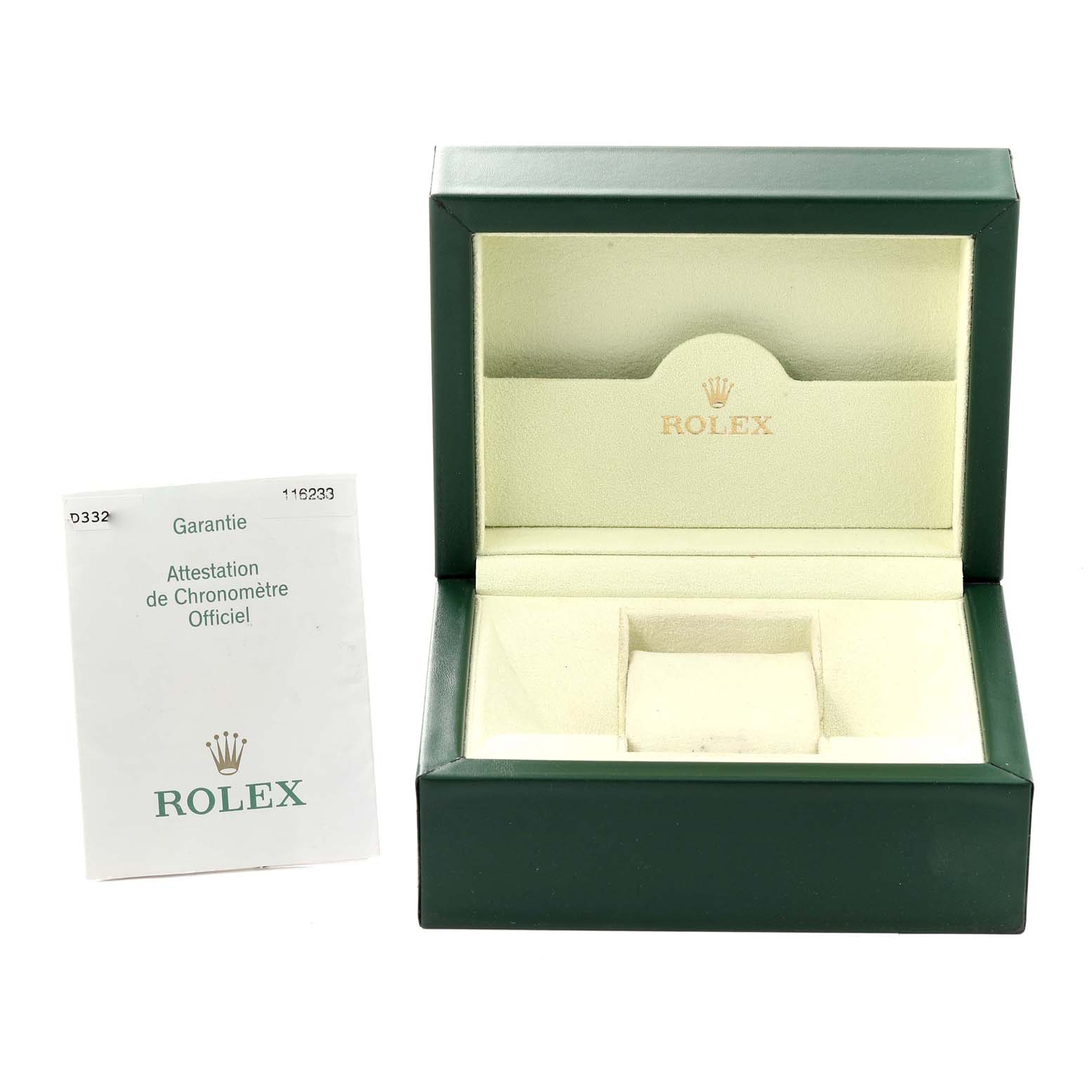 This image shows an empty Rolex watch box and a Garantie document for a Datejust model.