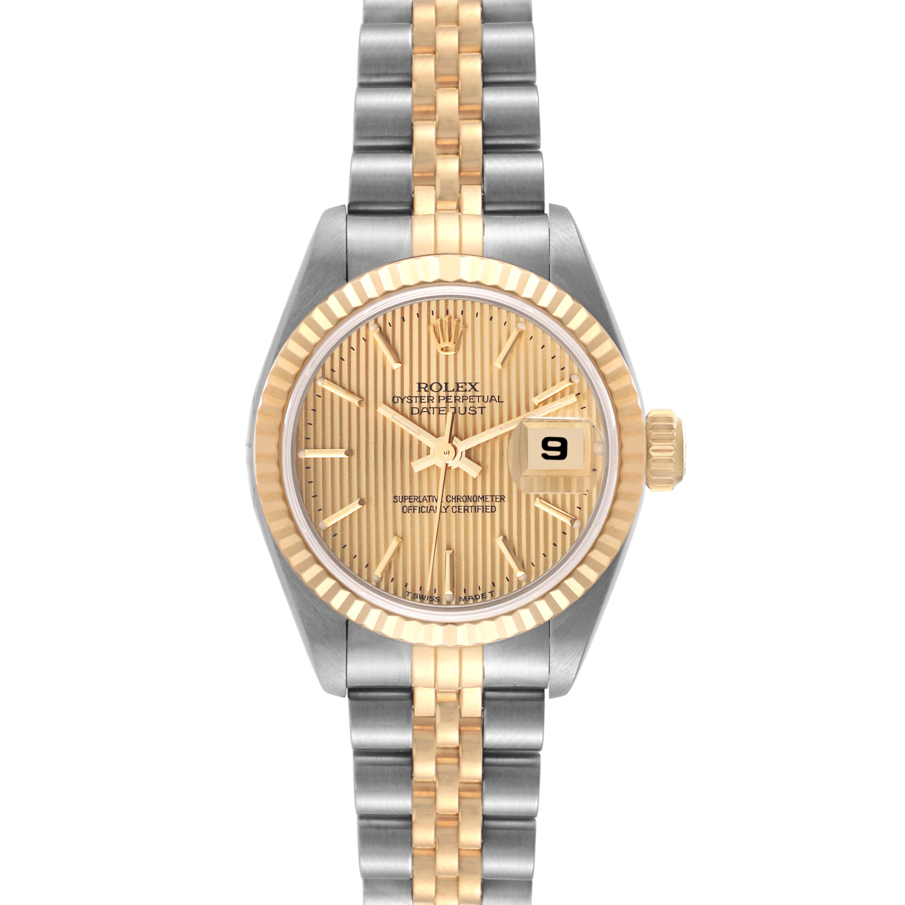 This Rolex Datejust 69173 Women's Steel and Gold (two tone) Champagne Dial 69173 Women's Steel and Gold (two tone) Champagne Dial model watch is shown from the front, displaying the dial, bezel, bracelet, and date window.
