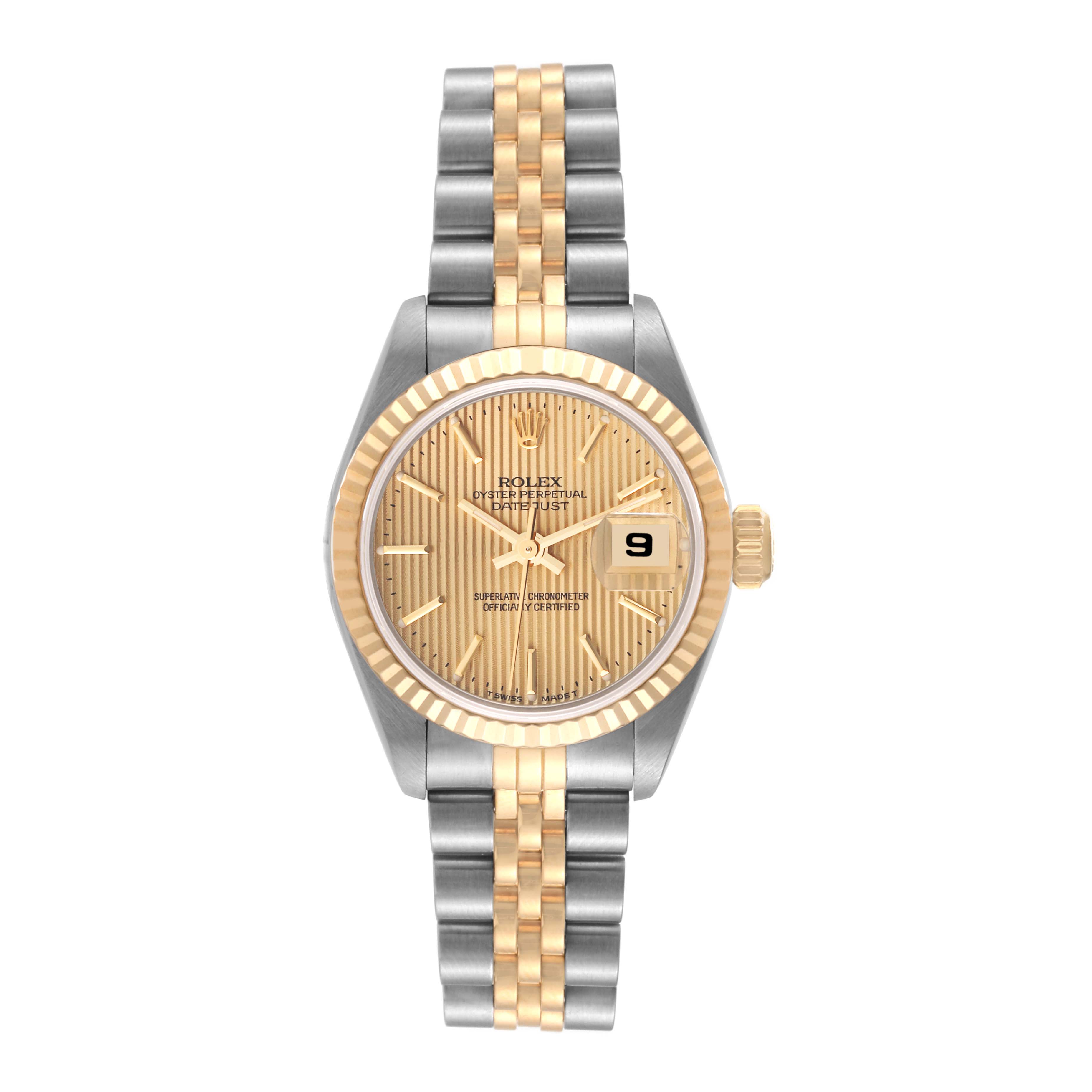 The Rolex Datejust 69173 Women's Steel and Gold (two tone) Champagne Dial 69173 Women's Steel and Gold (two tone) Champagne Dial watch is shown from a front angle, featuring a two-tone bracelet, gold dial, and date window.