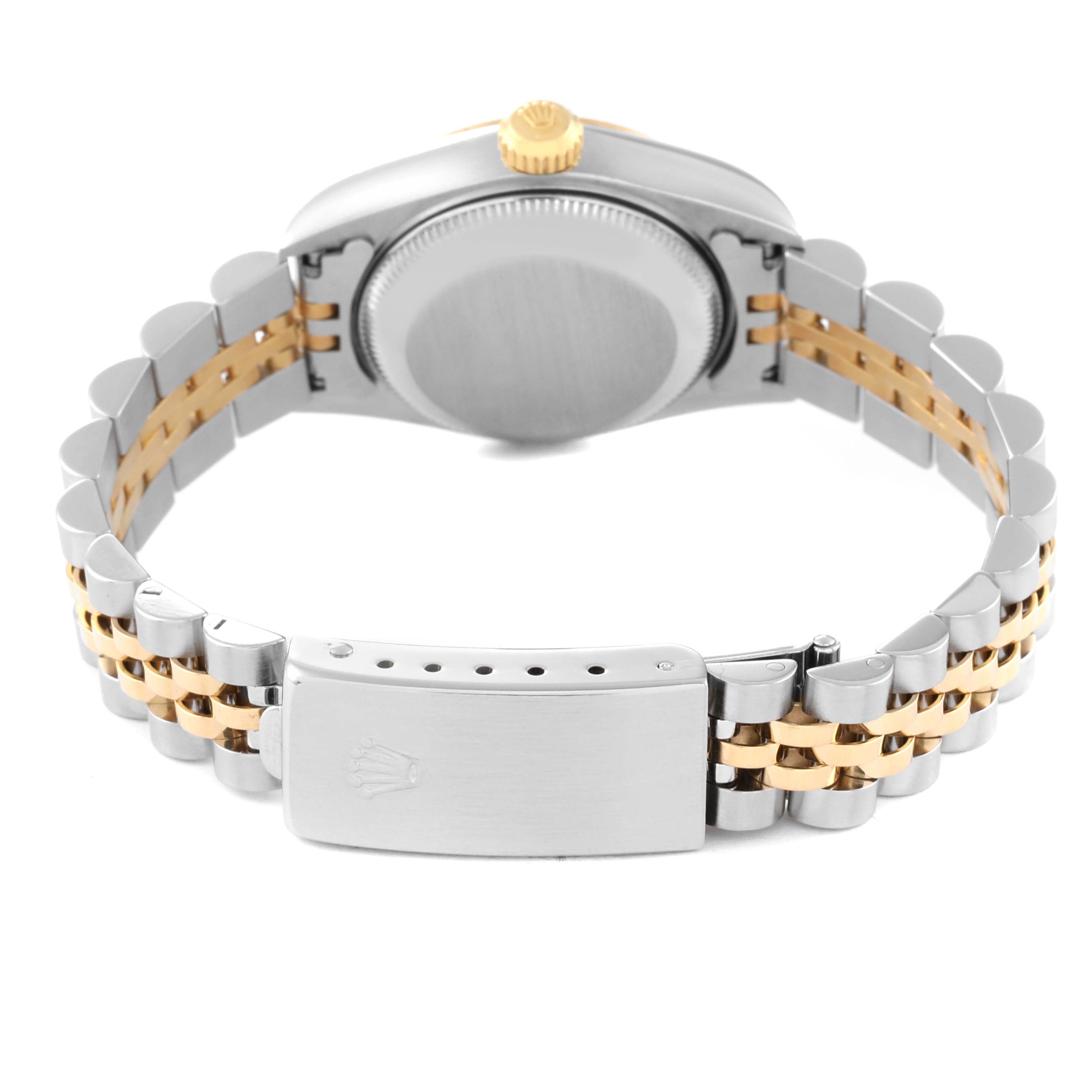 This image shows the back view of a Rolex Datejust 69173 Women's Steel and Gold (two tone) Champagne Dial 69173 Women's Steel and Gold (two tone) Champagne Dial watch, including the case, crown, and Jubilee bracelet with a clasp.