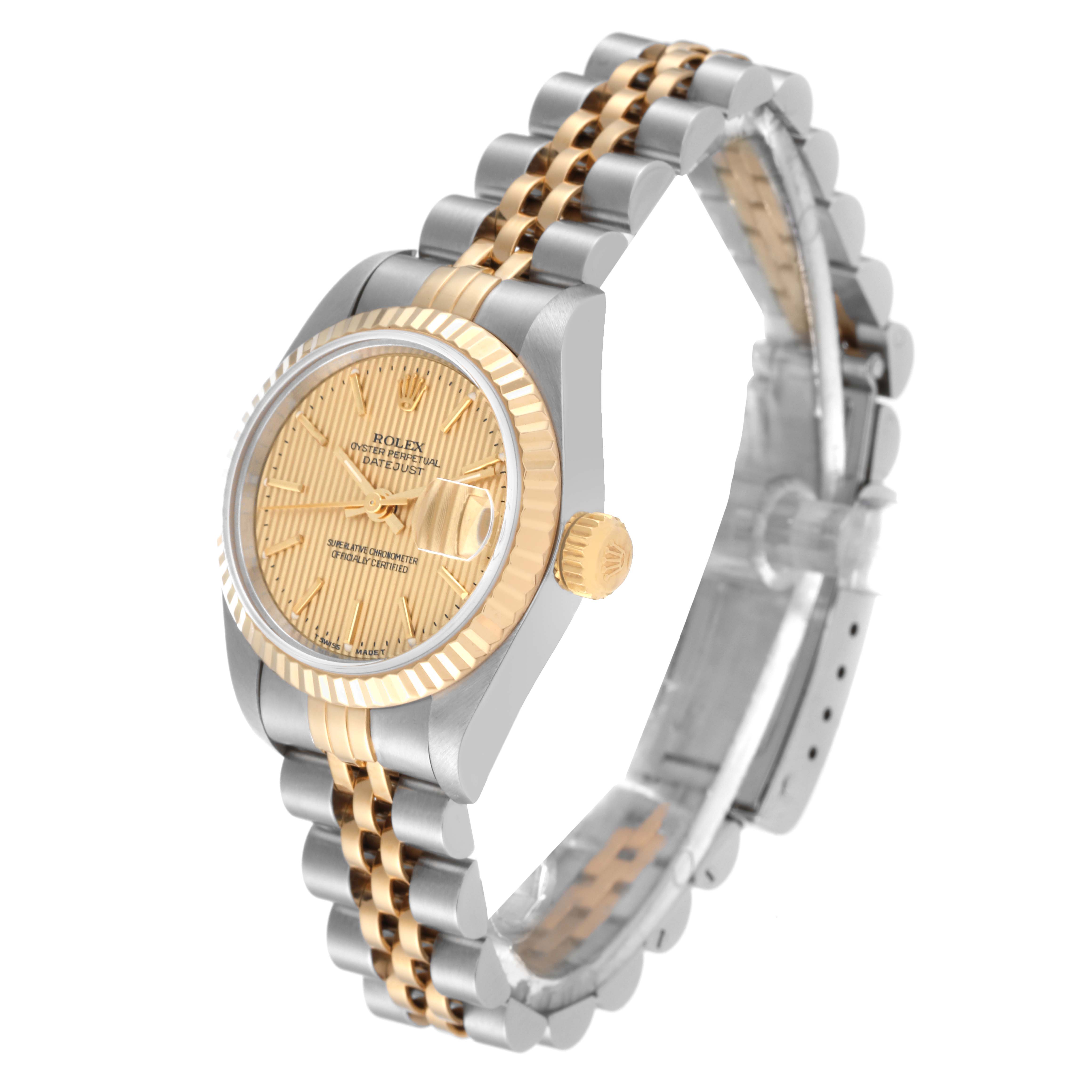 The image shows a side angle of the Rolex Datejust 69173 Women's Steel and Gold (two tone) Champagne Dial 69173 Women's Steel and Gold (two tone) Champagne Dial watch, featuring its gold dial, fluted bezel, and two-tone Jubilee bracelet.