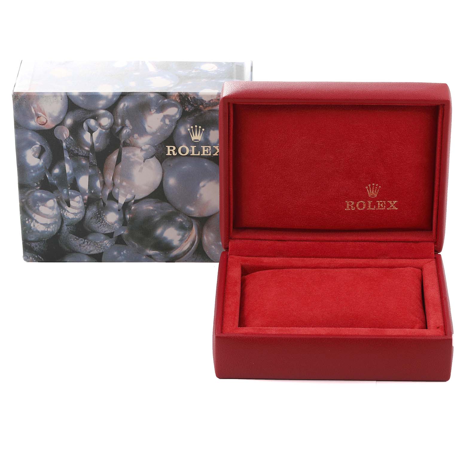 The image shows an open red Rolex watch box and its outer packaging for the Datejust model.