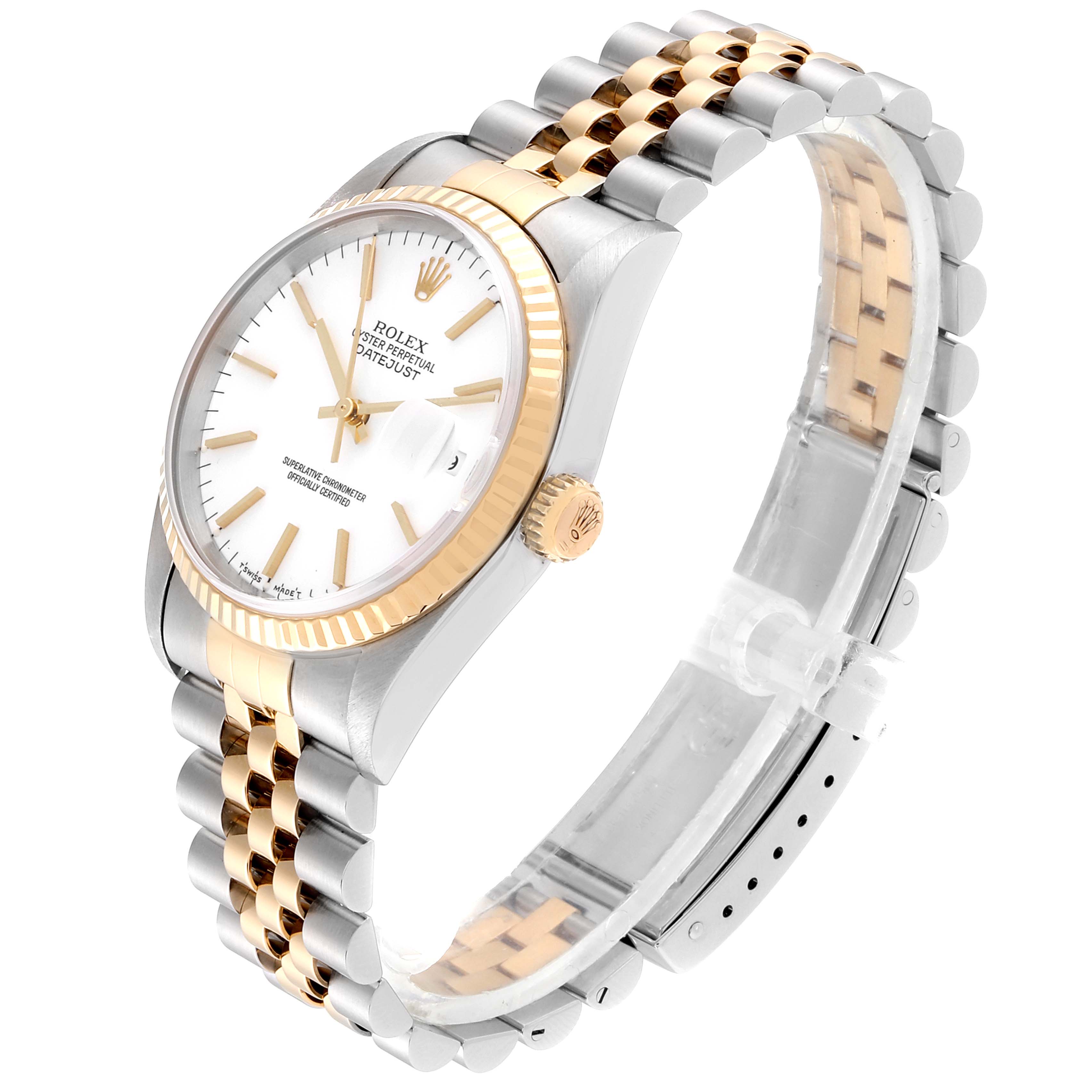 This image shows a side-angle view of a Rolex Datejust 16233 Men's Steel and Gold (two tone) White Dial 16233 Men's Steel and Gold (two tone) White Dial watch, highlighting its two-tone bracelet and fluted bezel.